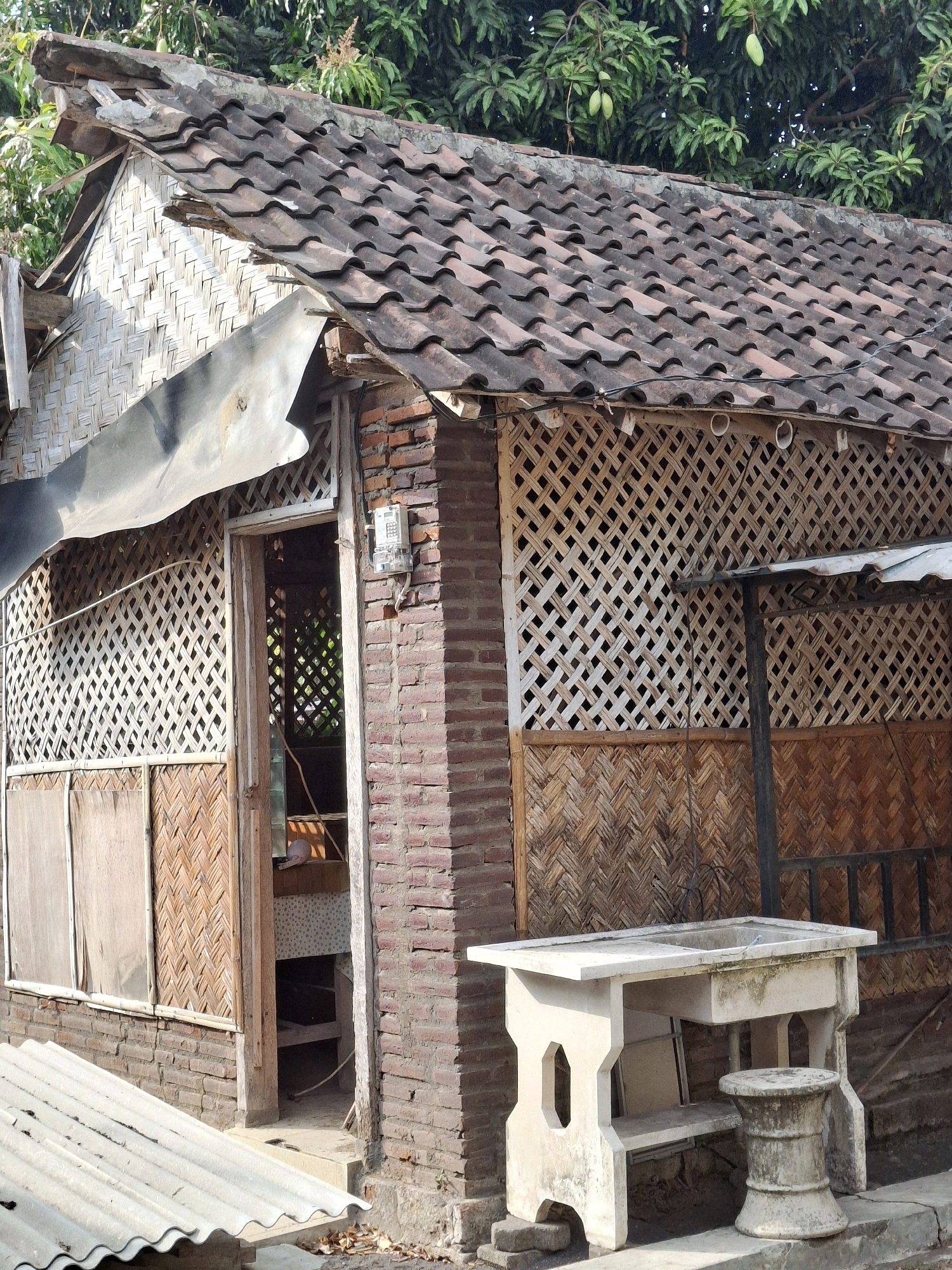 The image depicts the exterior of a modest, weathered building with a tiled roof and walls constructed from a combination of brick, bamboo, and woven mats. The structure appears to be in a state of disrepair, with some tiles missing or askew on the roof and visible damage to the siding. The building has an open doorway, revealing a glimpse of the interior, which appears to be sparsely furnished.
In front of the building, a concrete table with a built-in basin is situated next to a small, concrete stool. The ground around the building is unpaved and shows signs of natural debris. The backdrop consists of lush green trees, suggesting an outdoor setting.
While the image provides a visual snapshot of a location, it does not contain enough specific information to pinpoint an exact address or definitively confirm its location within Lumajang, Indonesia, beyond its general appearance suggesting a rural or semi-rural Indonesian context.