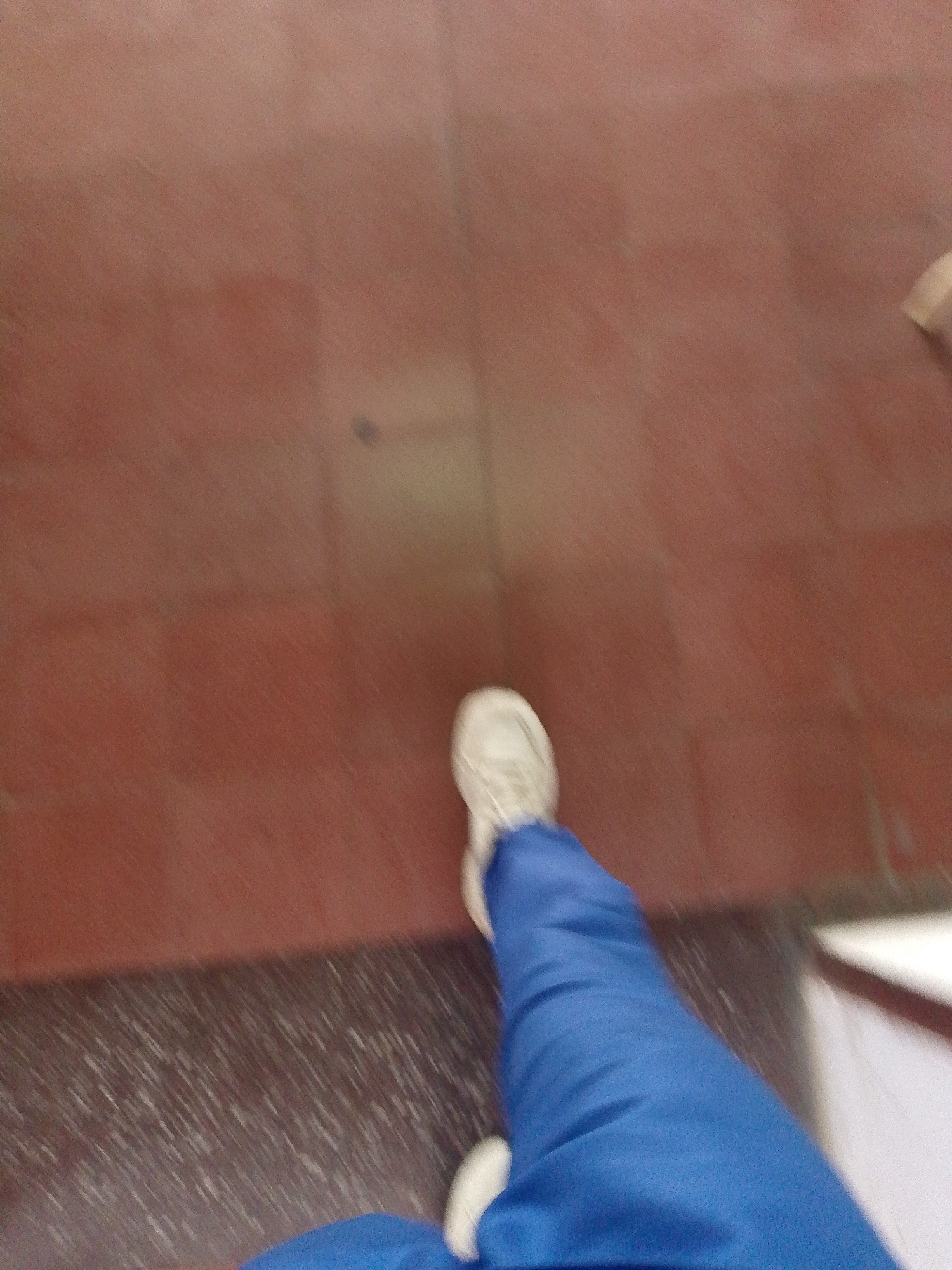 The image depicts a first-person perspective of a person walking on a tiled floor. The tiles are predominantly reddish-brown with a section of grey tiled floor near the bottom of the frame. The person is wearing blue pants and white sneakers. The image is blurry, suggesting movement. The exact location within Santa Ana, Venezuela is not determinable from the image.