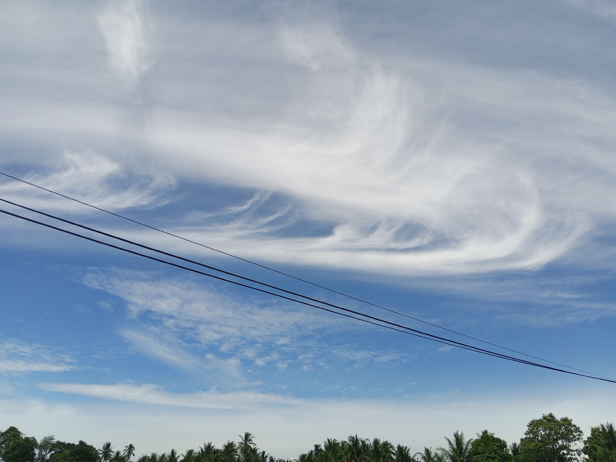 The image shows a bright blue sky filled with wispy white clouds, indicative of fair weather. Three dark power lines stretch diagonally across the frame from the upper left to the lower right, obscuring a portion of the sky. Below the power lines, the tops of various green trees, including palm trees, form a dense line along the horizon, suggesting a natural or semi-rural environment. The scene is consistent with an outdoor setting in a tropical or subtropical region. The image appears to be taken on a sunny day, and the clouds suggest a gentle breeze. There are no people or specific structures visible to provide further context about the location within Cotjrat, Indonesia, beyond the general presence of trees and power lines.
