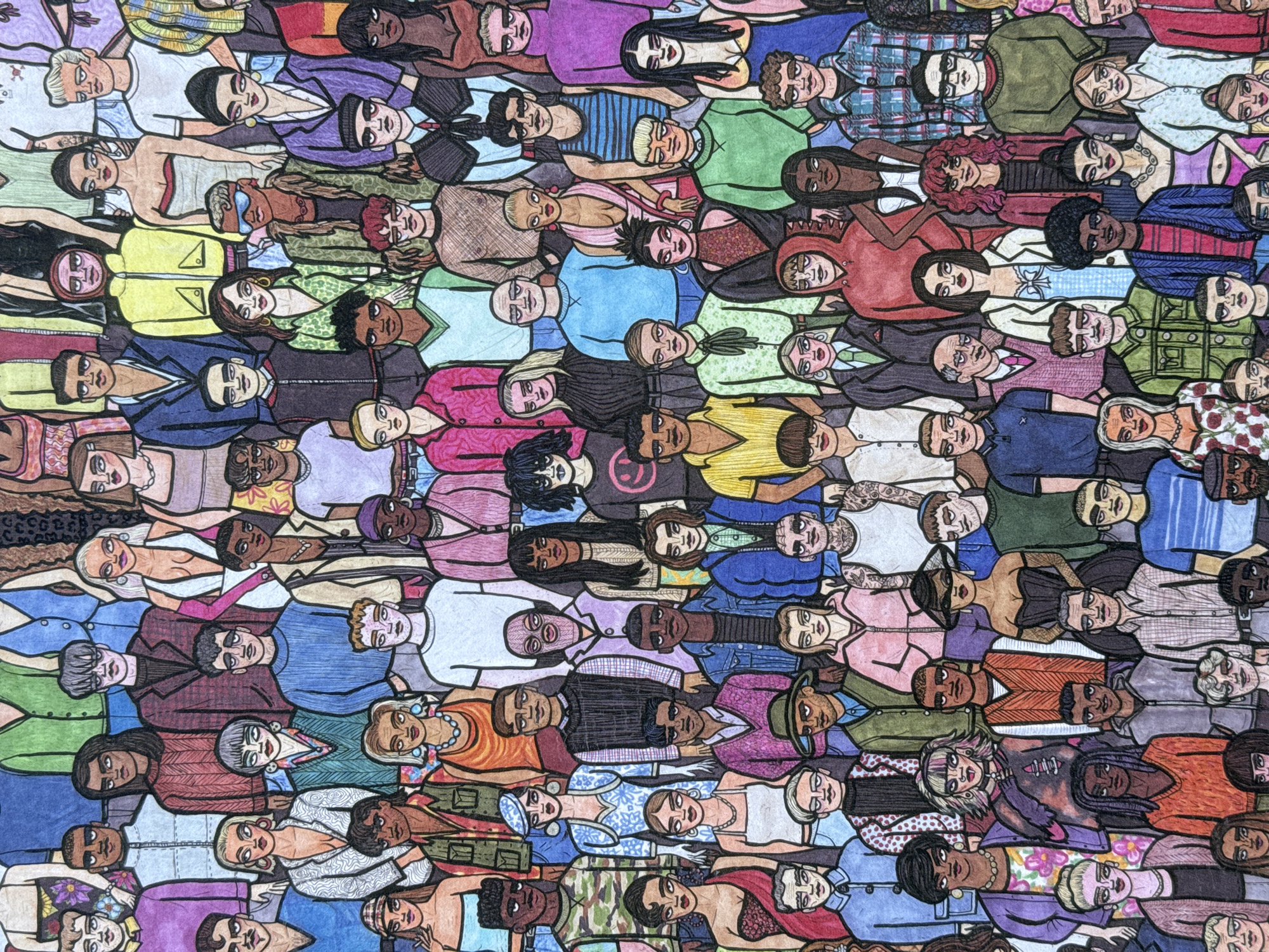 The image is a tightly packed composition of numerous illustrated figures, each facing the viewer. The figures vary in skin tone, hair color, and clothing style, which span a diverse range of colors and patterns. There is no identifiable London location discernible in the image. The figures appear to be randomly arranged. There are no visible interactions or discernible environment within the frame.
