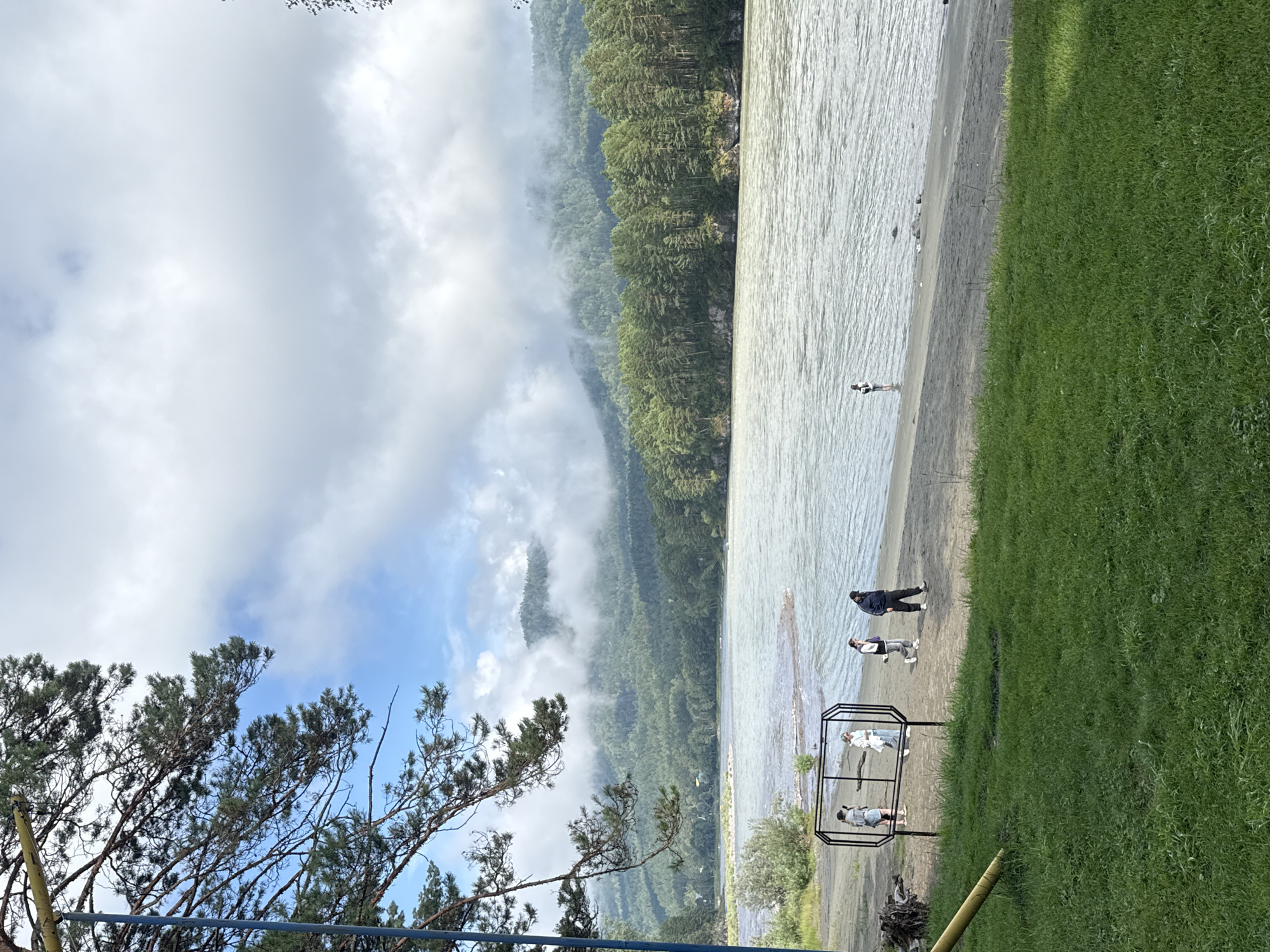 The image depicts a serene river scene with a mountainous backdrop in Barangol, Russia. In the foreground, lush green grass slopes down towards a sandy beach where several people are present. A black metal frame structure stands on the beach, with four individuals clustered around it. Further along the beach, a lone figure stands near the water's edge. The river is wide and appears to be flowing gently. On the opposite bank, a dense forest covers the lower slopes of mist-shrouded mountains. The sky is partly cloudy, with patches of blue sky visible through the white clouds. A large pine tree branch hangs from the upper left corner of the frame, its needles creating a natural border.