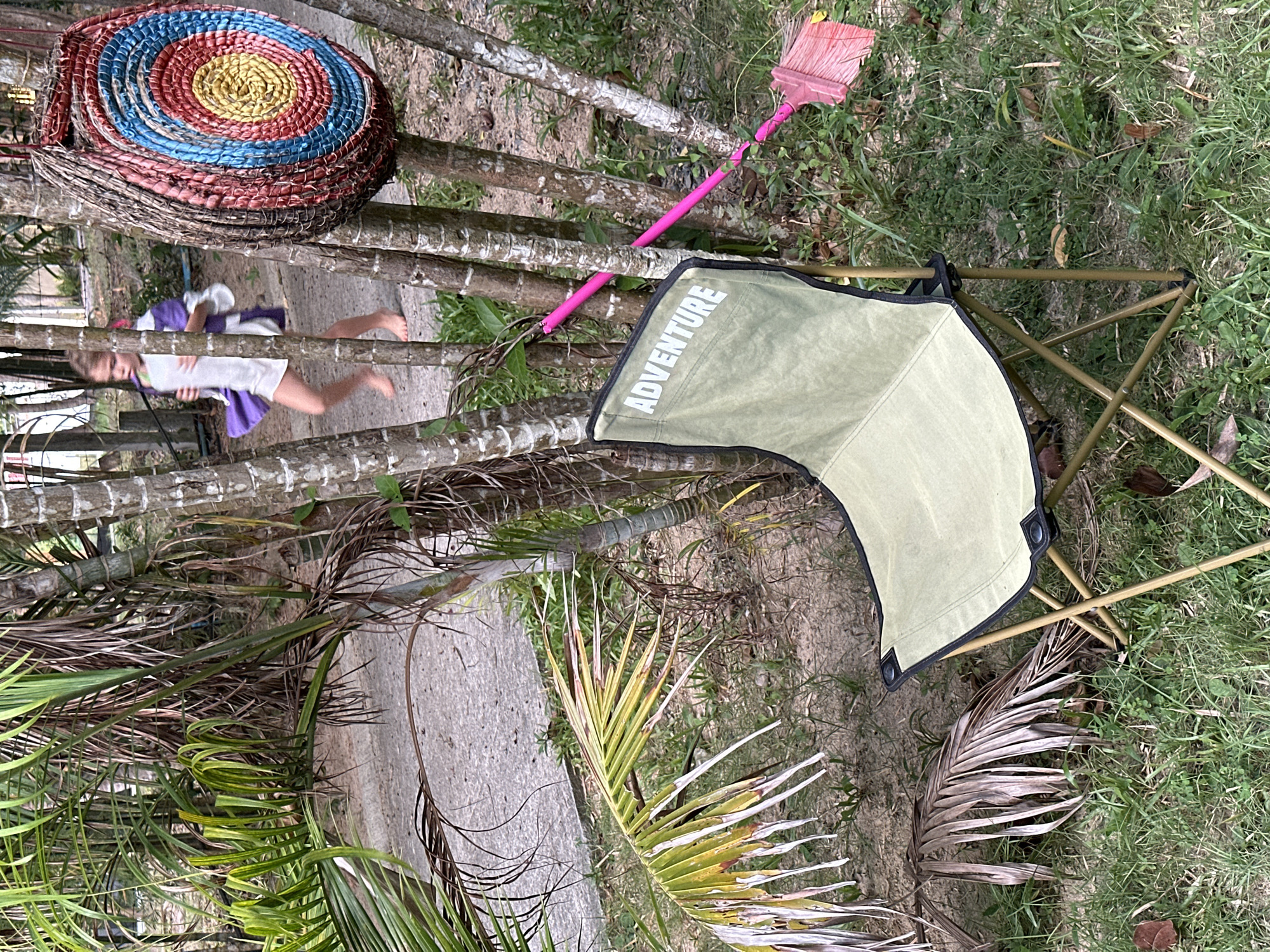 The image shows an outdoor scene, possibly in a garden or yard, in ตำบลเกาะพะงัน, Thailand. The ground is covered in grass and fallen palm leaves. A lightweight folding chair with a green canvas seat (labeled "ADVENTURE") is present. A pink broom is leaning against tree trunks. A woven target, featuring concentric circles of red, blue, and yellow, is partially visible in the upper-left corner. A girl wearing a purple skirt is briefly seen in the background. The scene is partially obscured by palm trees and their trunks.