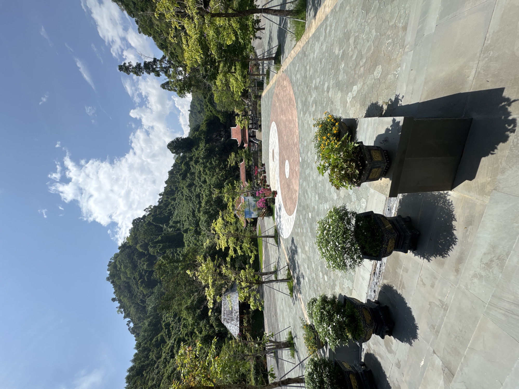 The image shows a landscaped area in Đà Nẵng, Vietnam. In the foreground, a paved plaza features a large circular design with a yin-yang symbol. Several ornate potted plants line the plaza. Beyond the plaza, a tiered landscape leads to a hillside densely covered with trees. Buildings with red-tiled roofs are visible among the trees. The sky is blue with scattered clouds.