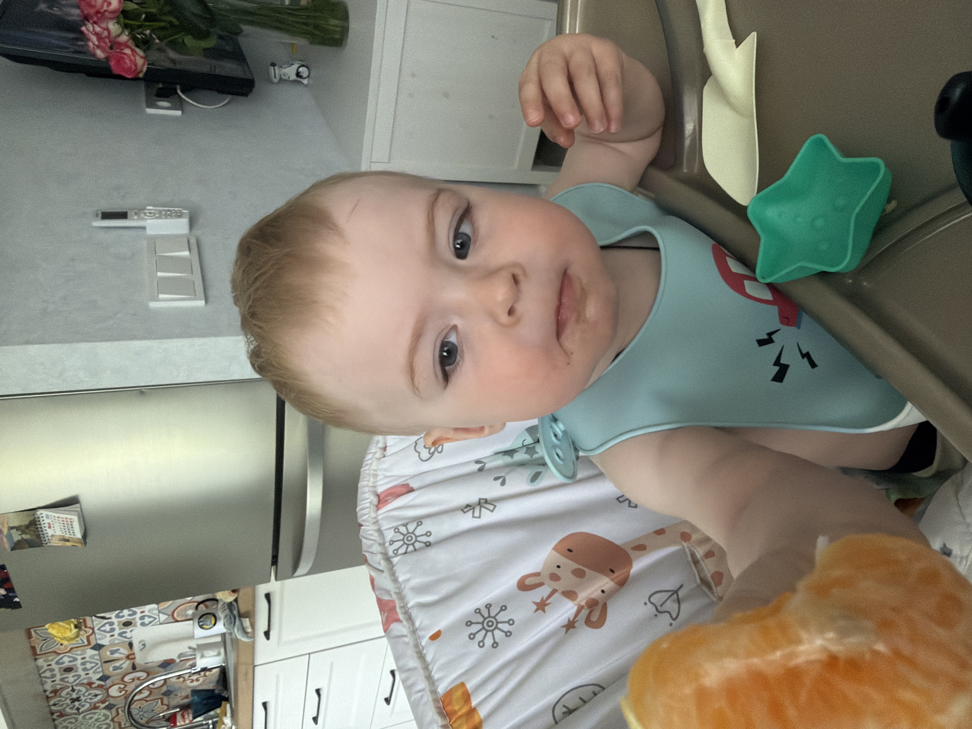 A baby is sitting in a high chair with a blue bib and a giraffe-patterned seat cover. The baby is looking at the camera. A piece of orange fruit is being offered to the baby. A green star-shaped toy and a yellow spoon are on the high chair tray. In the background, there is a refrigerator, white cabinets, and a vase of flowers on top of a TV. There are decorative tiles near the refrigerator. The image was taken in a kitchen in Votkinsk, Russia.