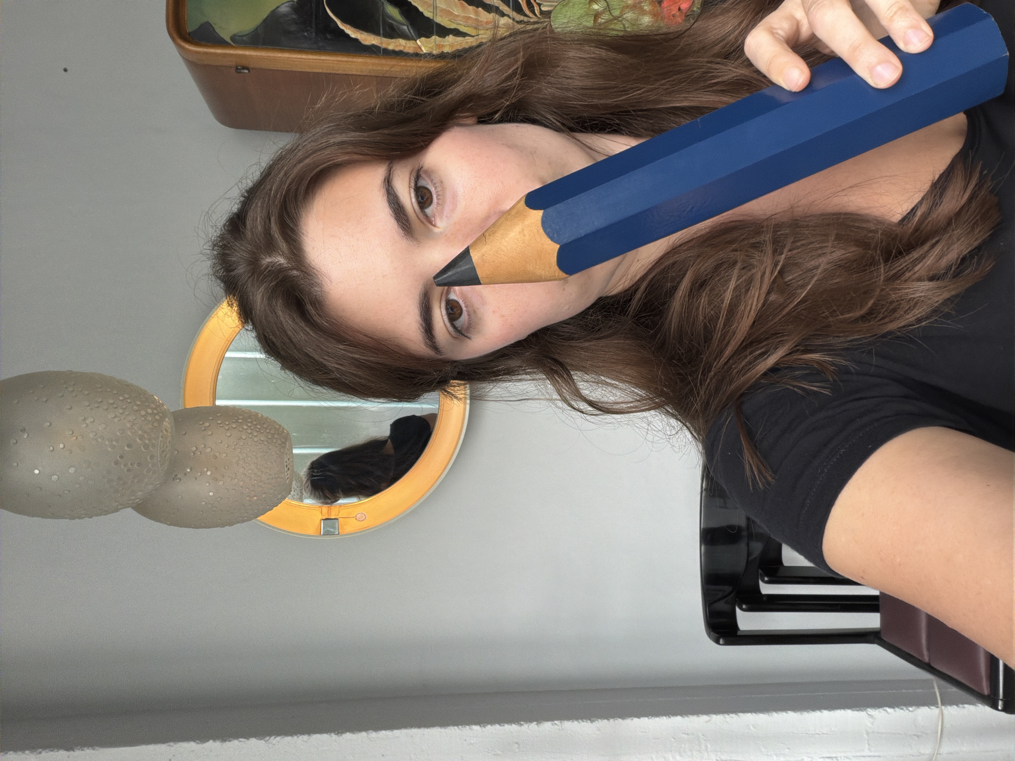 A person with brown hair and brown eyes holds a large, blue pencil in front of their face. A mirror with a gold frame and a light fixture with three textured, off-white globes are visible in the background. To the left of the mirror is a wooden suitcase. To the right of the person is what appears to be a black chair. The background wall is light gray. The location is not specified and cannot be determined from the provided image.