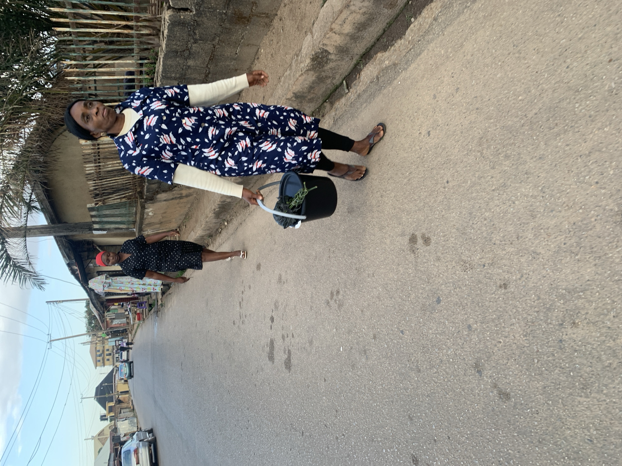 The image shows two women in an urban environment. In the foreground, a woman stands on a sidewalk next to a paved road, holding a black bucket filled with green foliage. She is wearing a navy blue dress with white and red floral patterns, long white sleeves, black leggings, and sandals. A black head covering is on her head. She faces the camera.
Further down the road, another woman is walking on the road. She is wearing a black dress with white polka dots and a red head covering. She is walking away from the camera. Buildings and cars are visible along the road, suggesting a busy street scene. The setting is a city, possibly Jos, Nigeria. A fence and a concrete wall stand alongside the sidewalk where the first woman is standing.