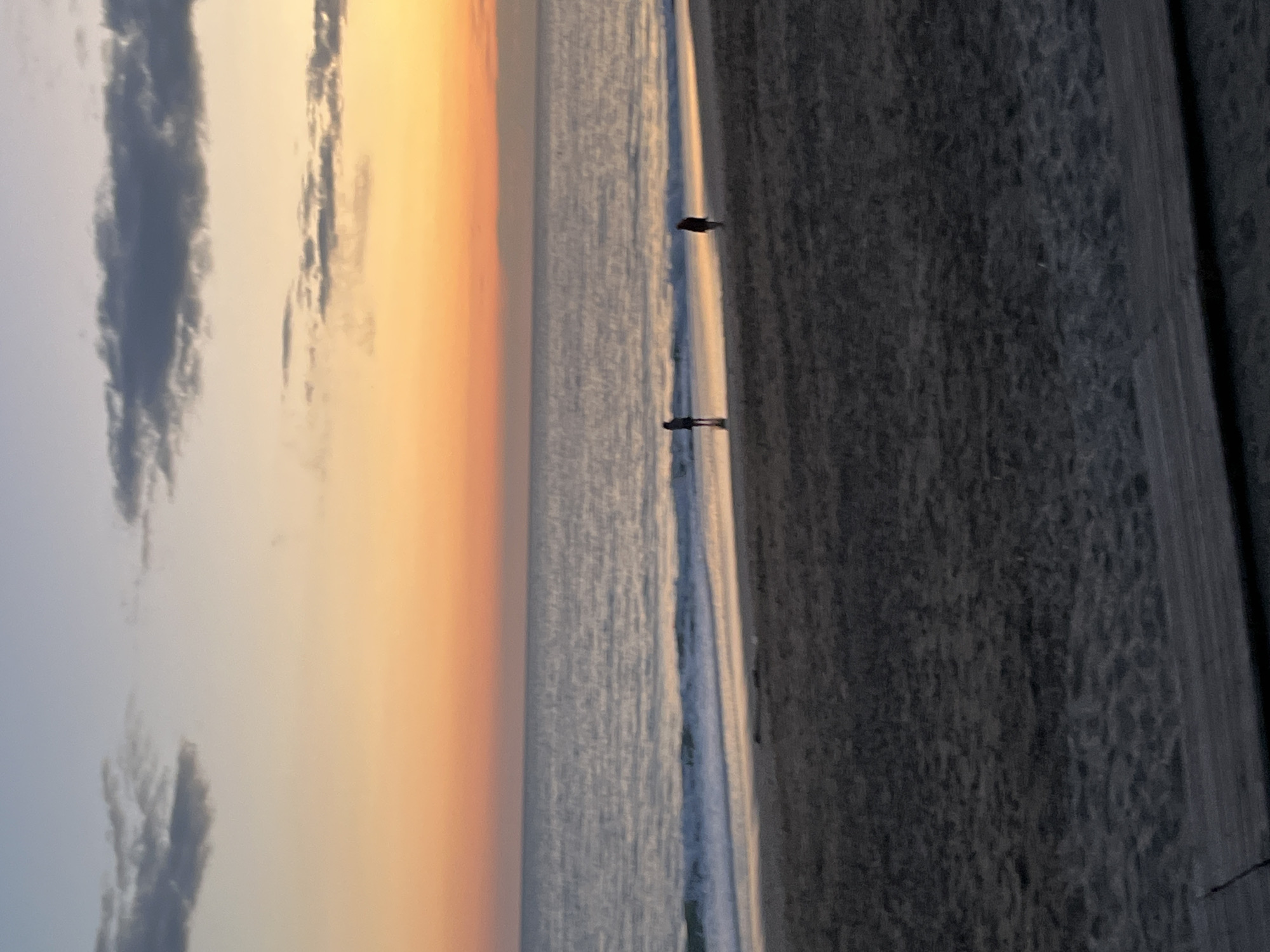 This photograph shows a coastal scene likely taken at a beach in Alanya, Turkey, during sunrise or sunset, given the gradient of colors in the sky. The photo, though blurry, depicts a beach with wet sand visible at the water's edge. Two individuals appear as dark silhouettes along the shoreline. To the right of the frame are darker areas indicating the presence of possibly a boardwalk or other built structure. The presence of clouds is evident in the sky and reflects the light, suggesting some weather conditions. There is no obvious interaction or prominent object. The overall setting is a beach landscape at twilight with the presence of individuals enjoying the scenery. The image is taken from a stationary point, showcasing the beach and the sky.