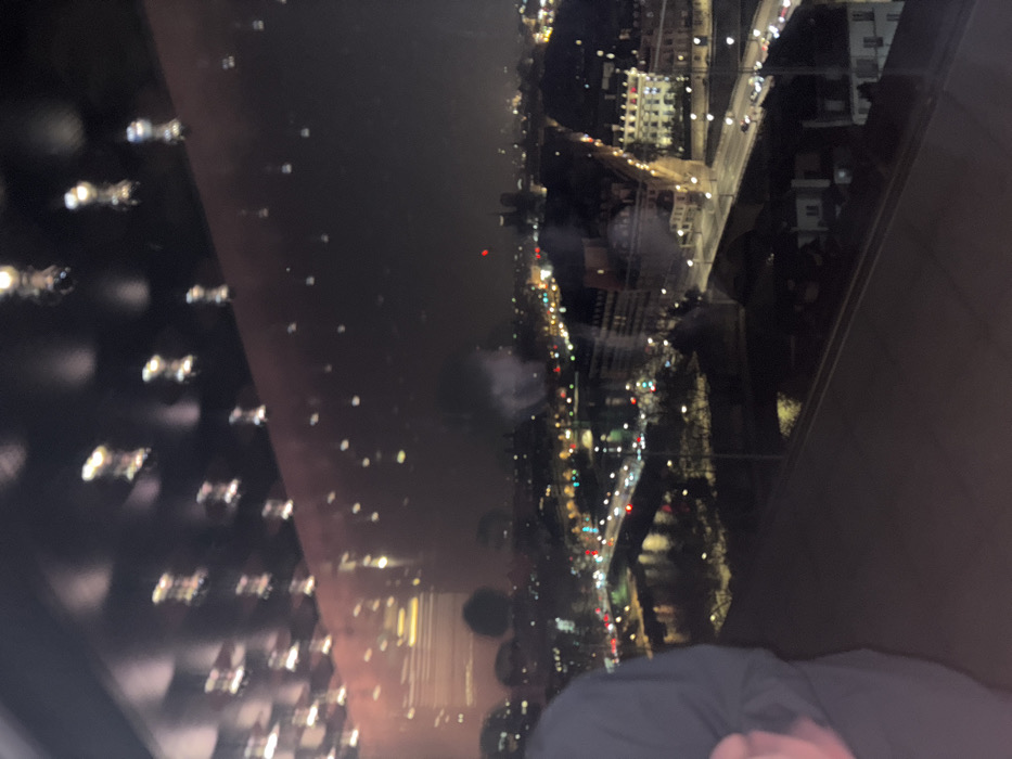 The image displays an elevated, nighttime view of Paris, France, observed through a reflective window. The River Seine is visible in the mid-distance, traversed by multiple bridges carrying active vehicular traffic, identifiable by white headlights and red taillights. City blocks with illuminated buildings line both sides of the river. In the right mid-ground, the silhouette of Notre Dame Cathedral is discernible by its two towers, with a distinct red light positioned above or adjacent to it. The upper section of the image features multiple blurred, bright reflections of internal light sources, suggesting ceiling fixtures from the viewing location. A partial view of an individual, wearing a dark long-sleeved garment, is present in the lower-left foreground, indicating an indoor vantage point.
