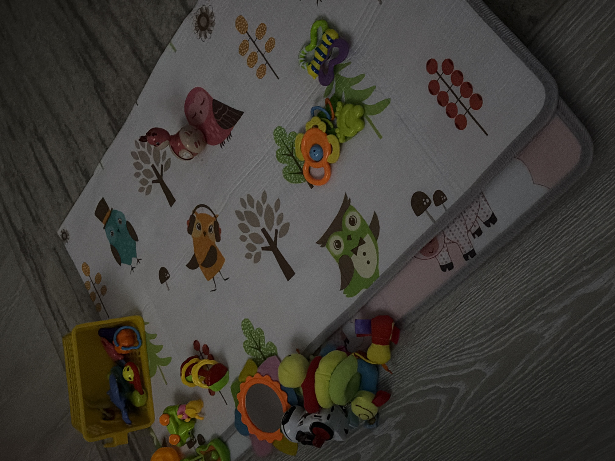 This image captures a close-up, slightly overhead view of a child's play area in Noviy, Russia. The central subject is a white play mat adorned with various colorful illustrations, including several cartoon owls (one in a top hat, one with headphones, one green), deciduous trees, berries, and other nature-inspired motifs. The play mat itself has a soft, quilted appearance with a gray border.
Scattered across the mat and its immediate vicinity are numerous baby and toddler toys. These include:
- A set of pink bird-shaped rattles.
- An orange teether or rattle shaped like a flower.
- A yellow and purple caterpillar-like soft toy or teether.
- A yellow plastic basket overflowing with various small toys, including a blue and red object, and green and yellow items.
- A larger, colorful soft toy featuring red, green, yellow segments, a small mirror framed in orange, and black and white patterned sections.
- Additional small rattles and plastic toys in various bright colors like red, yellow, and green.
The play mat rests on a wooden floor with a noticeable grain pattern, appearing in muted gray and brown tones. The lighting in the image is dim, casting a slightly melancholic or subdued atmosphere, possibly indicating evening or low ambient light indoors. There are no people visible in the scene, suggesting a quiet moment before or after play. No visible text is present in the image.
