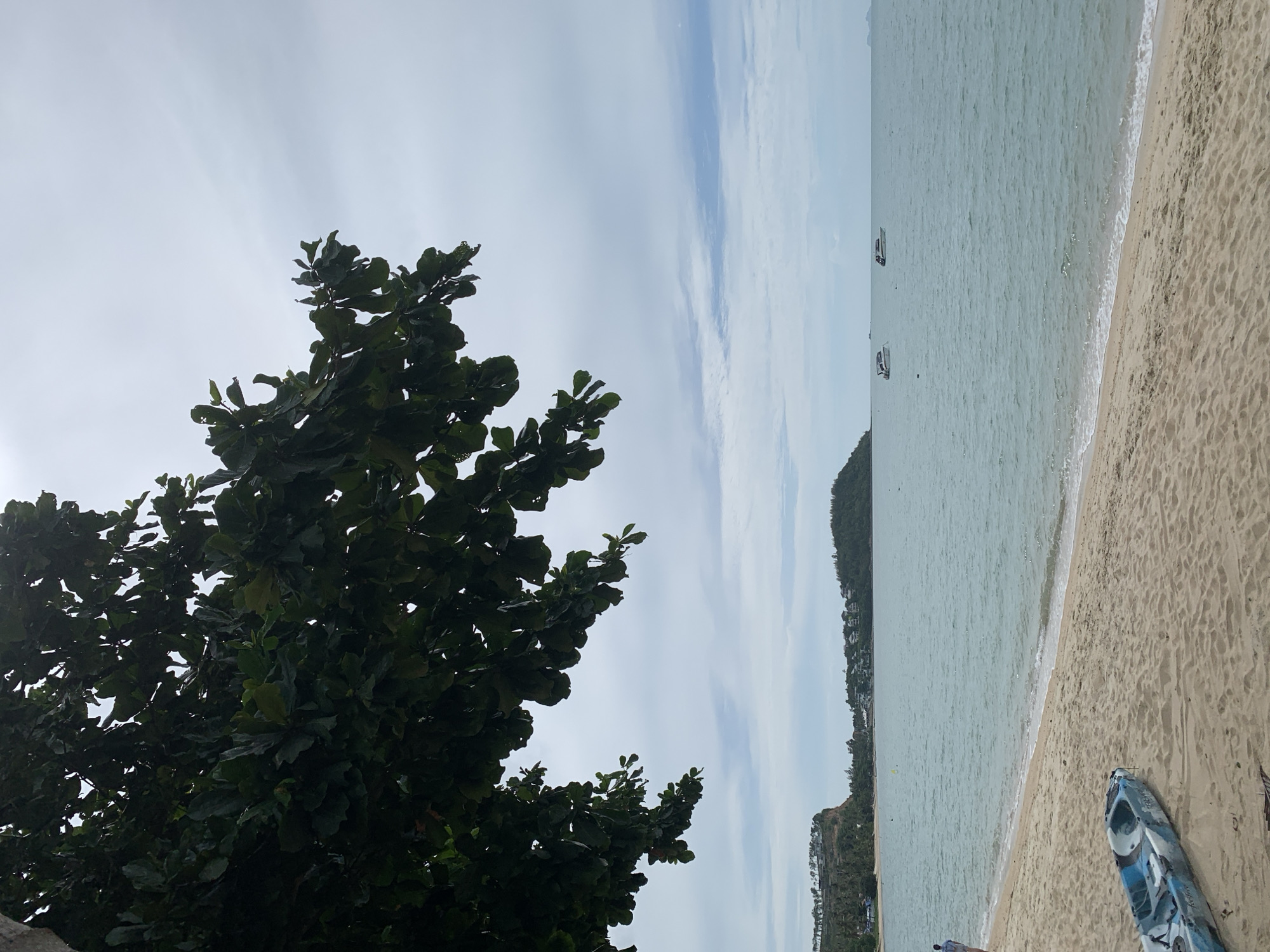 An overcast day at a beach in Ko Samui District, Thailand. In the foreground, a blue and white kayak rests on the sand. Further down the beach, a person walks towards the water. The turquoise ocean stretches to the horizon, where several boats are visible. Lush green hills dotted with buildings form the backdrop along the coastline. A large tree branch with dark green leaves hangs over the scene from the top left.
