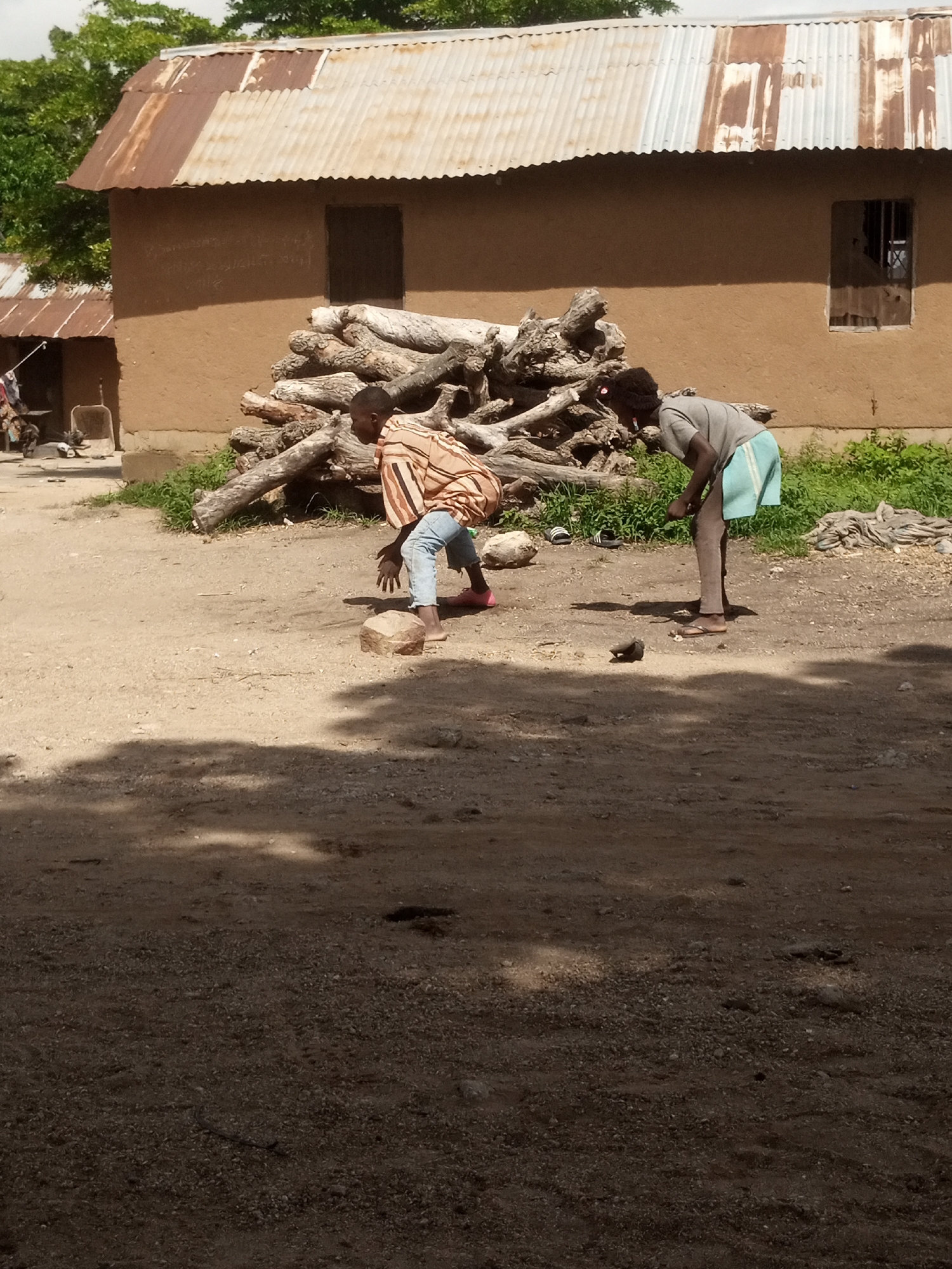 In Langtang, Nigeria, two children are engaged in an activity in a dusty outdoor area in front of a mud-brick building with a corrugated metal roof. The child on the left, wearing an orange and white striped shirt and blue jeans, is crouched low to the ground, appearing to throw or kick a small, light-colored rock. The child on the right, wearing a grey t-shirt and light blue shorts, is bending over, looking towards the ground. A large pile of logs is situated between the children and the building. The ground is uneven and covered with dirt and small stones. Shadows from trees are cast across the foreground, indicating a sunny day. In the background, the building has a dark window with bars and another smaller structure is visible to the left.