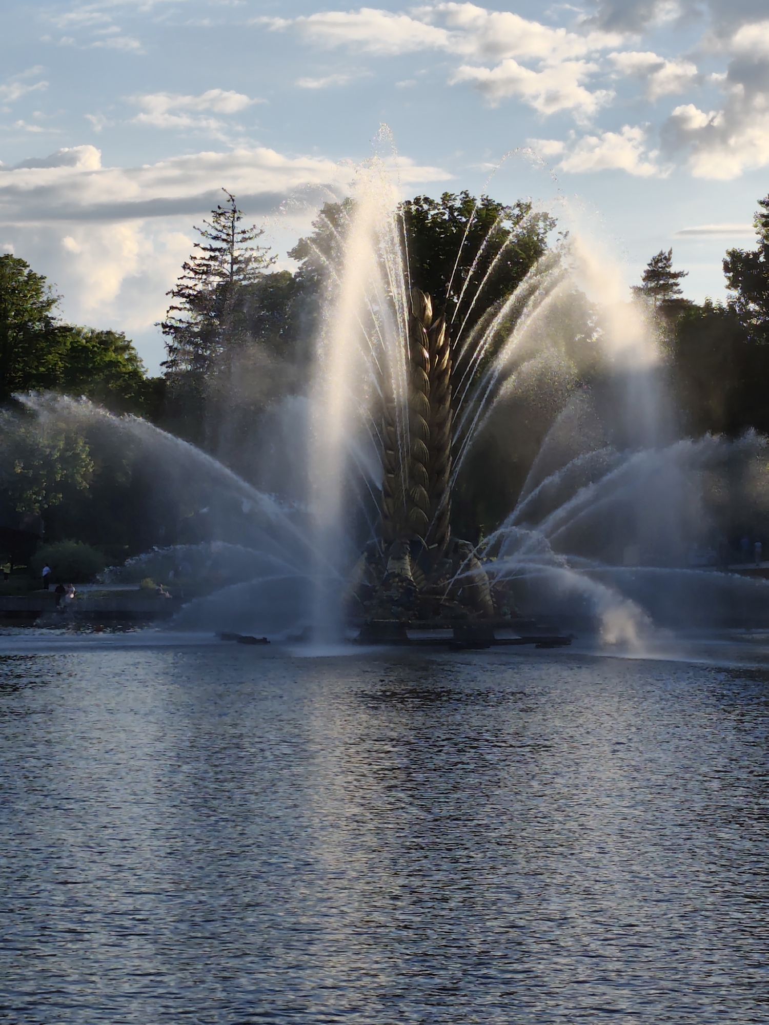 The image shows the "Friendship of Nations" Fountain in the VDNKh park in Moscow, Russia. The fountain is the focal point, with a central gold structure resembling a wheat sheaf, surrounded by jets of water. The fountain sits in a large body of water. The background includes trees and a cloudy sky. Several people are partially visible along the edge of the water on the left.