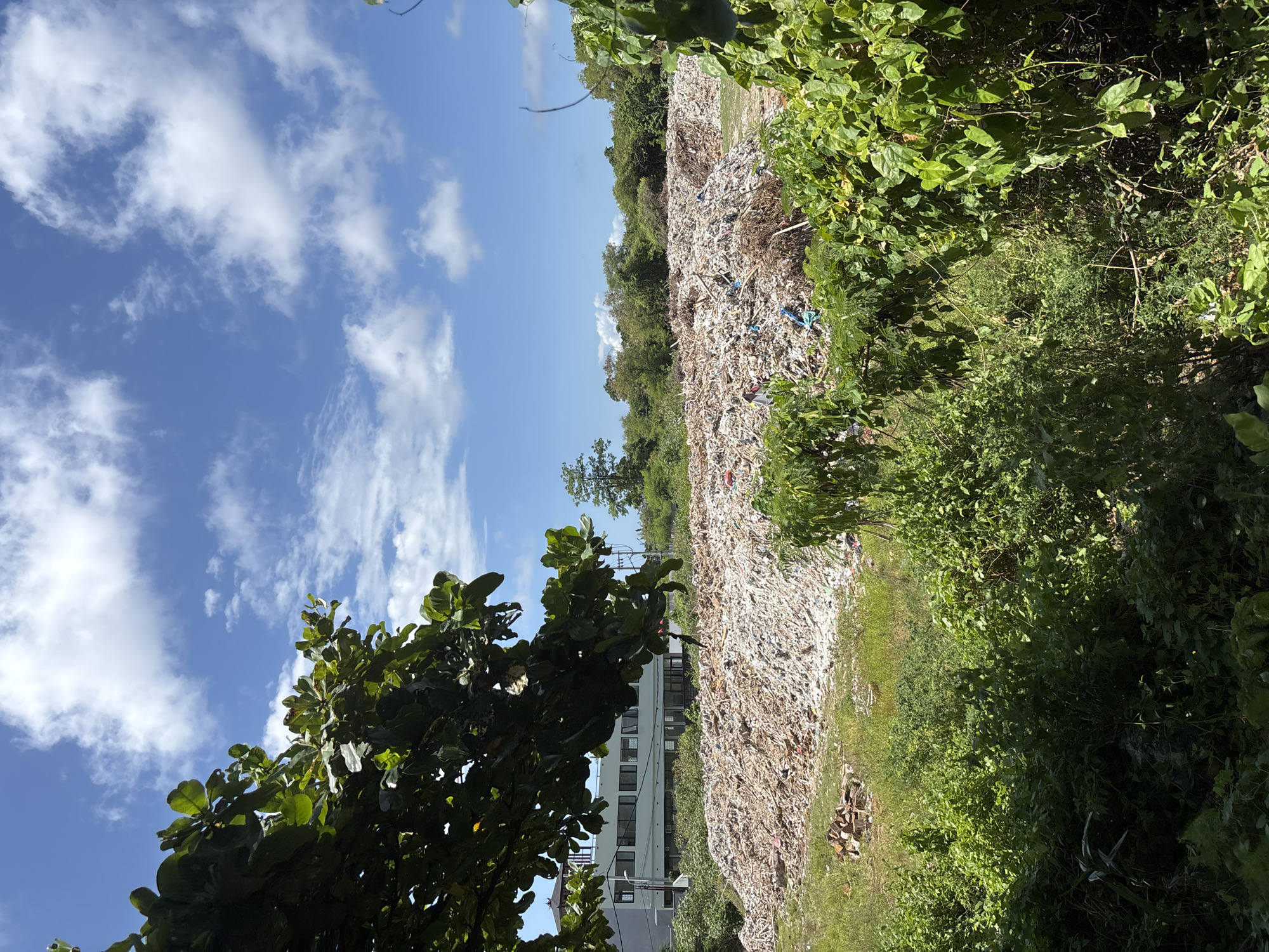 The image shows a large pile of garbage adjacent to a building in Kuta, Indonesia. The sky above is blue with scattered clouds. Lush green vegetation surrounds the garbage pile, partially obscuring the view. A multi-story white building is visible near the garbage pile. A few trees stand near the building. The trash pile is extensive, containing various types of waste.