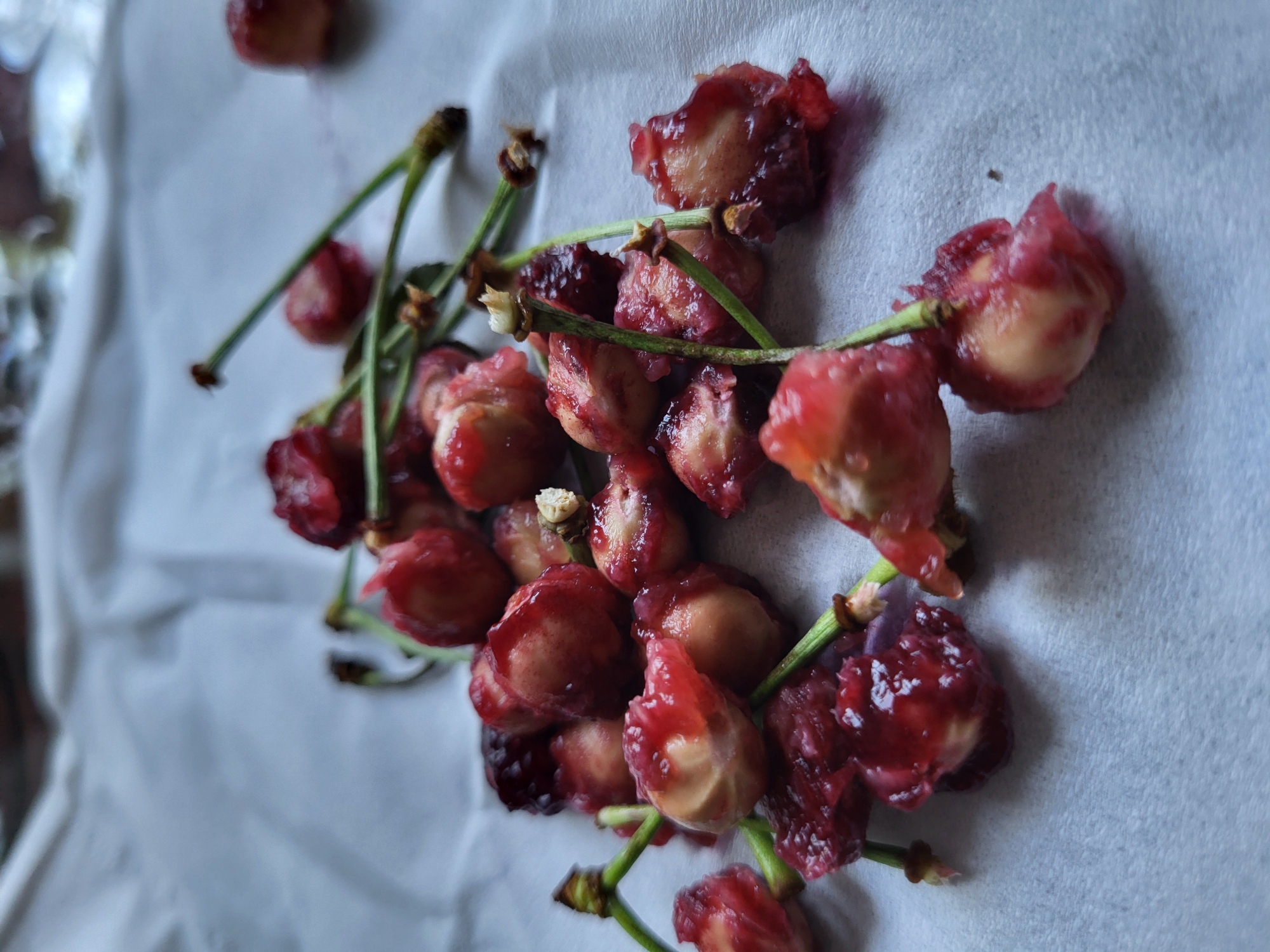 A pile of pitted and halved cherries is scattered across a textured white surface. The cherries are bright red with some of the inner flesh exposed, revealing a lighter, yellowish hue. Several green stems are attached to some of the cherry halves. The background is out of focus, but appears to be a lighter colored surface with some wrinkled texture, possibly a tablecloth or paper. The scene is illuminated from above, casting subtle shadows on the cherries. There are no people or animals present. The setting is a domestic environment.