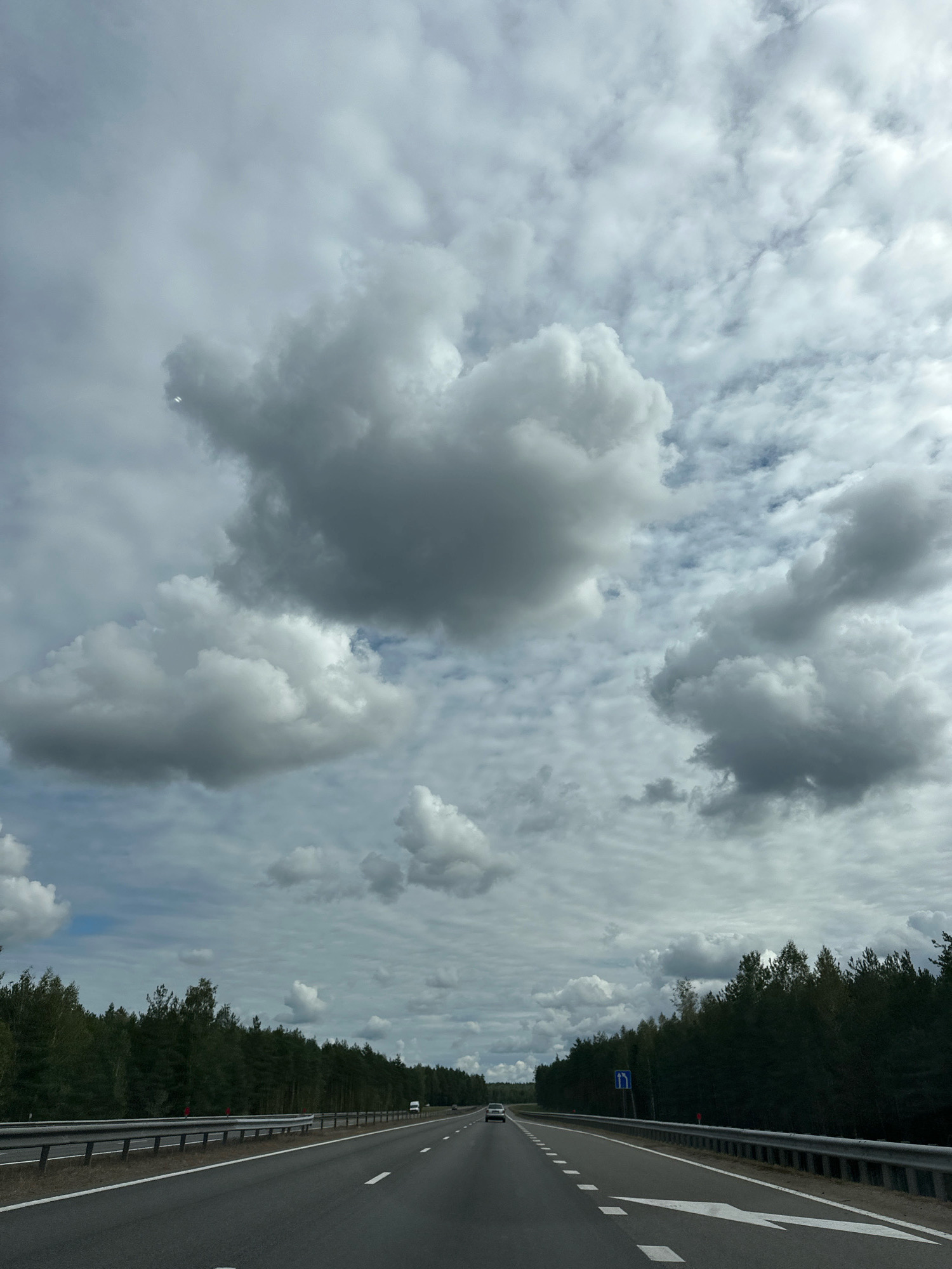 A wide, asphalt highway stretches into the distance under a dramatic sky filled with large, grey clouds. The highway has two lanes in each direction, separated by a central reservation. A silver metal guardrail runs along the right side of the road. On either side of the highway, dense, dark green coniferous trees form a thick forest. A few white cars are visible on the highway, one in the distance in the right lane and another further ahead in the left lane. A blue road sign with white arrows indicating a fork in the road is present on the right side of the highway. The scene appears to be located in a rural area, likely along the M1 highway in Belarus, near the village of Lapitski.