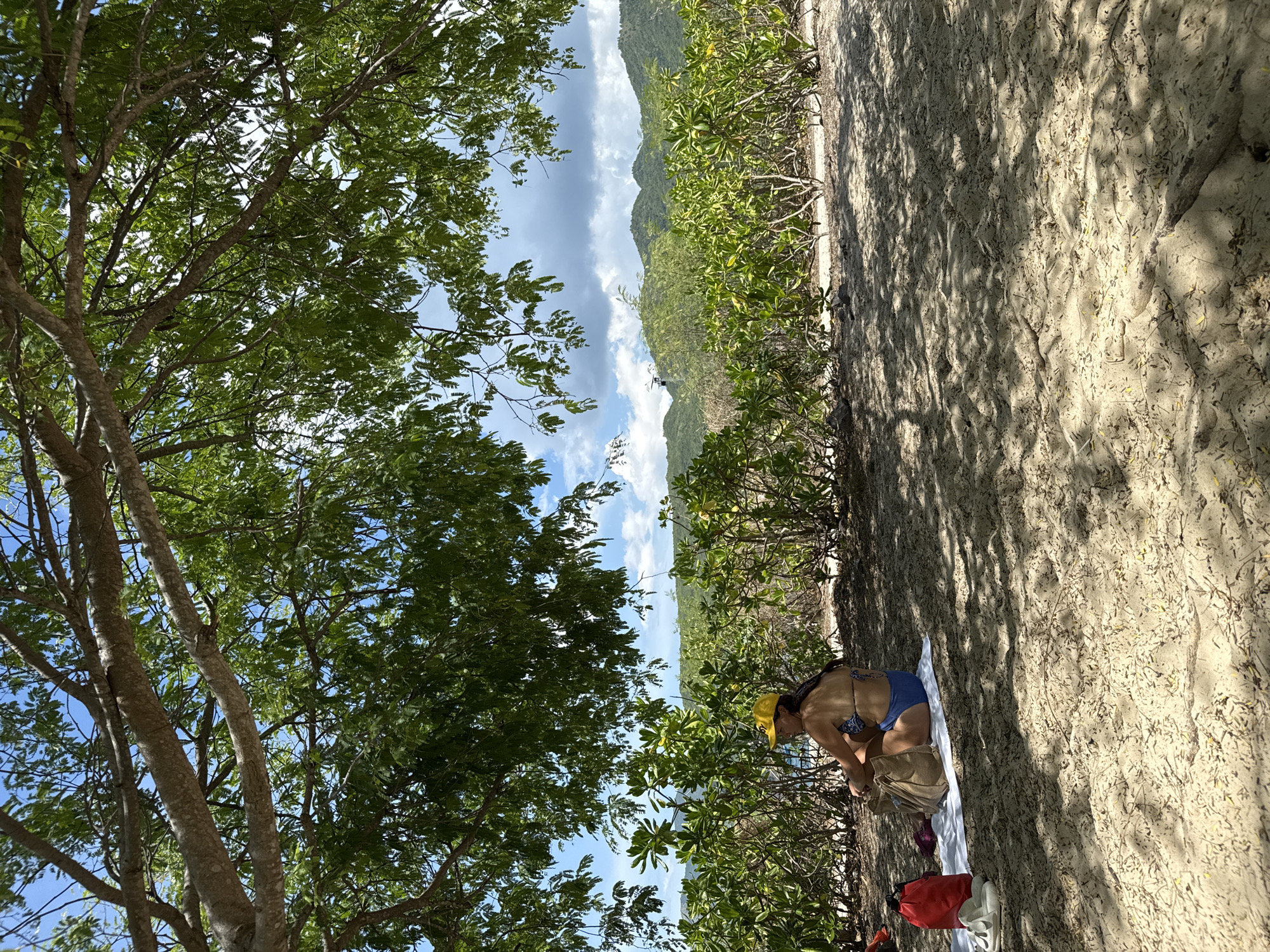 A person sits on a white towel on a sandy beach, shaded by the branches of a large tree. The person is wearing a blue bikini and a yellow baseball cap. Next to the person are a red bag, a tan canvas bag, and a pair of white sandals. Behind the person is a dense line of green shrubs, with mountains visible in the distance under a cloudy blue sky. The scene is likely a beach resort in Nha Trang, Vietnam, known for its scenic coastline and lush vegetation.