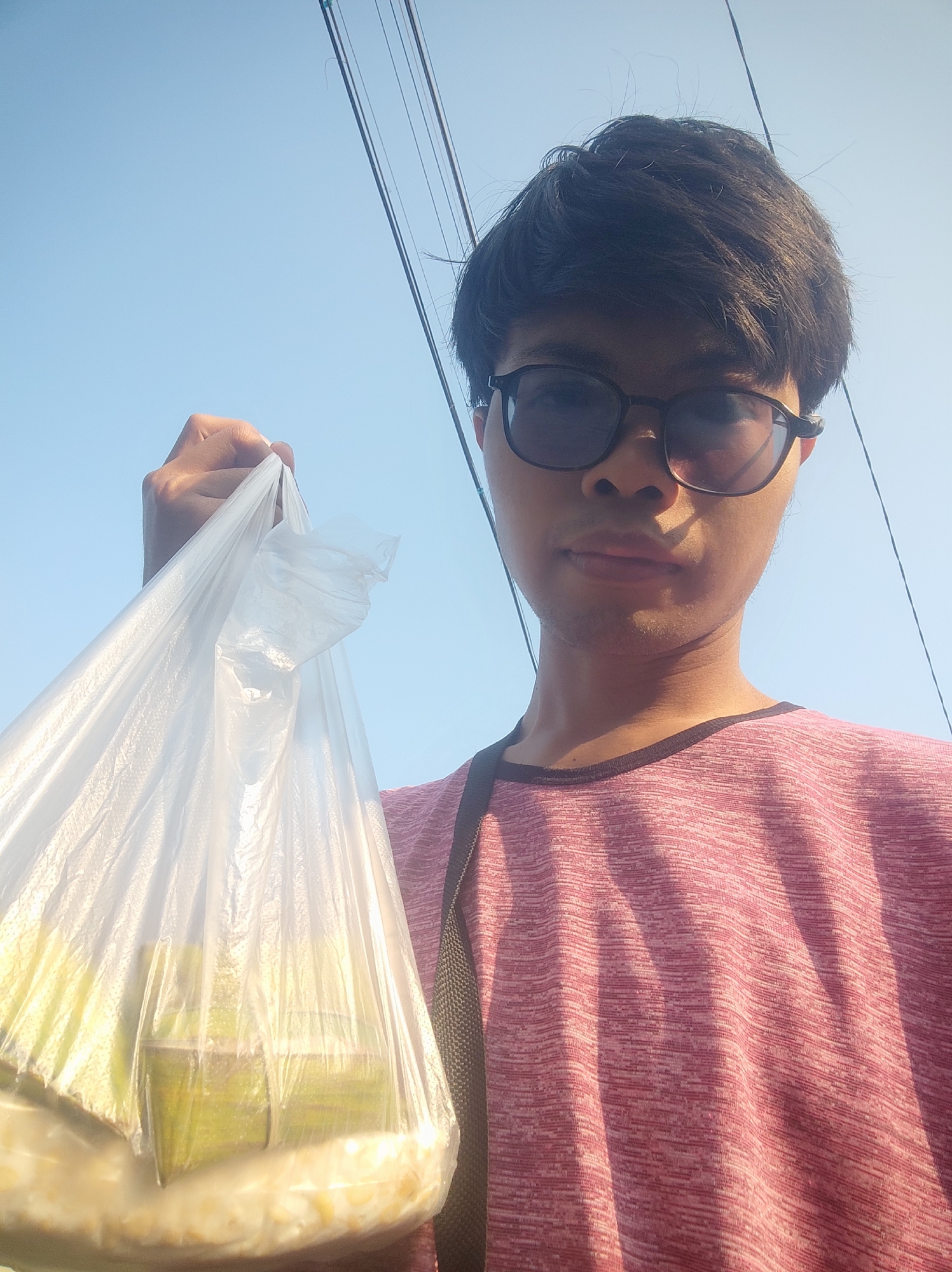 A young man with dark hair and glasses is holding a clear plastic bag filled with food in his right hand. He is wearing a pink t-shirt and standing outdoors against a bright blue sky. The man appears to be walking, as indicated by the slight blur of the background and the angle of the shot. The bag contains multiple items, including what appear to be food containers and perhaps some fruit. The image was taken in the city of Trihanggo, Indonesia.