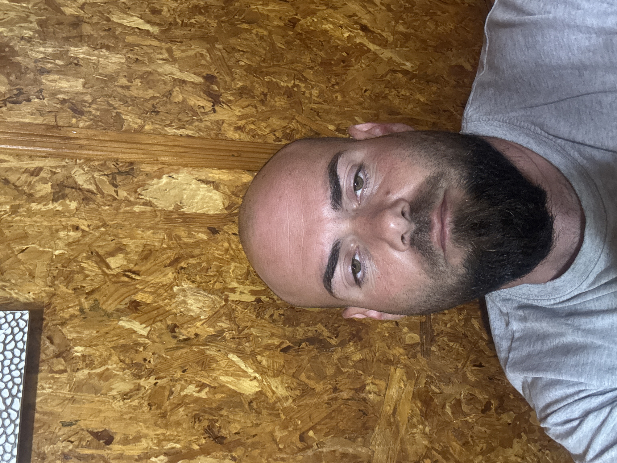 A man with a shaved head and a dark beard is positioned in front of a wood wall. He is wearing a gray shirt. A window or object with a white and black patterned border is visible to the left. The location is not specified as Sarnevo, Bulgaria, in the image.