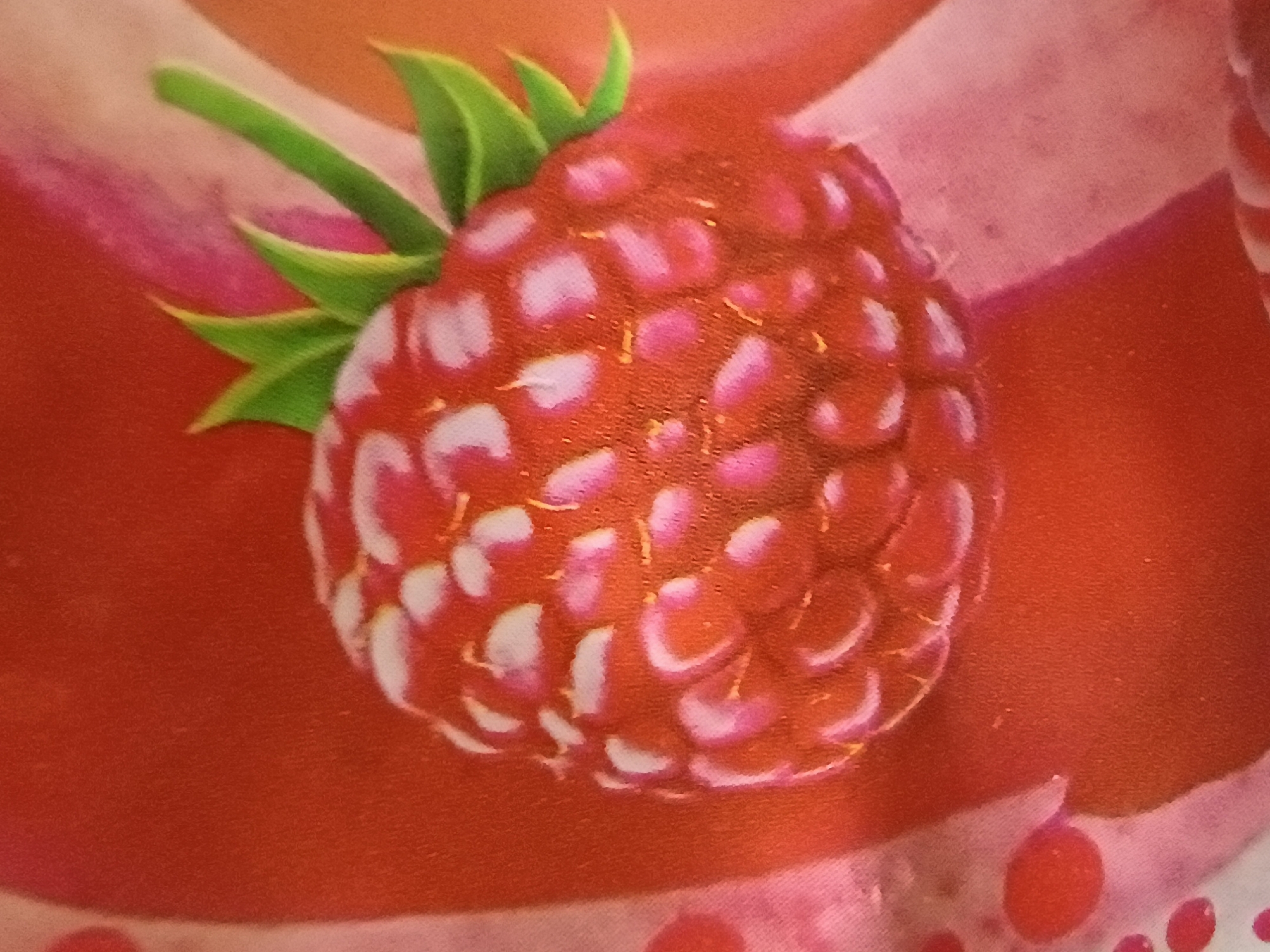 The image is a close-up photograph of a stylized raspberry, rendered in a painterly style against a background of abstract red and pink shapes. The raspberry is depicted as a cluster of individual drupelets, each with a highlighted surface, creating a textured and slightly iridescent appearance. Green leaves are visible at the top of the raspberry. The background is abstract and does not provide any discernible environmental details. The image is a flat lay and there is no indication of a specific location in Zaporizhzhia, Ukraine, or any people or actions taking place.