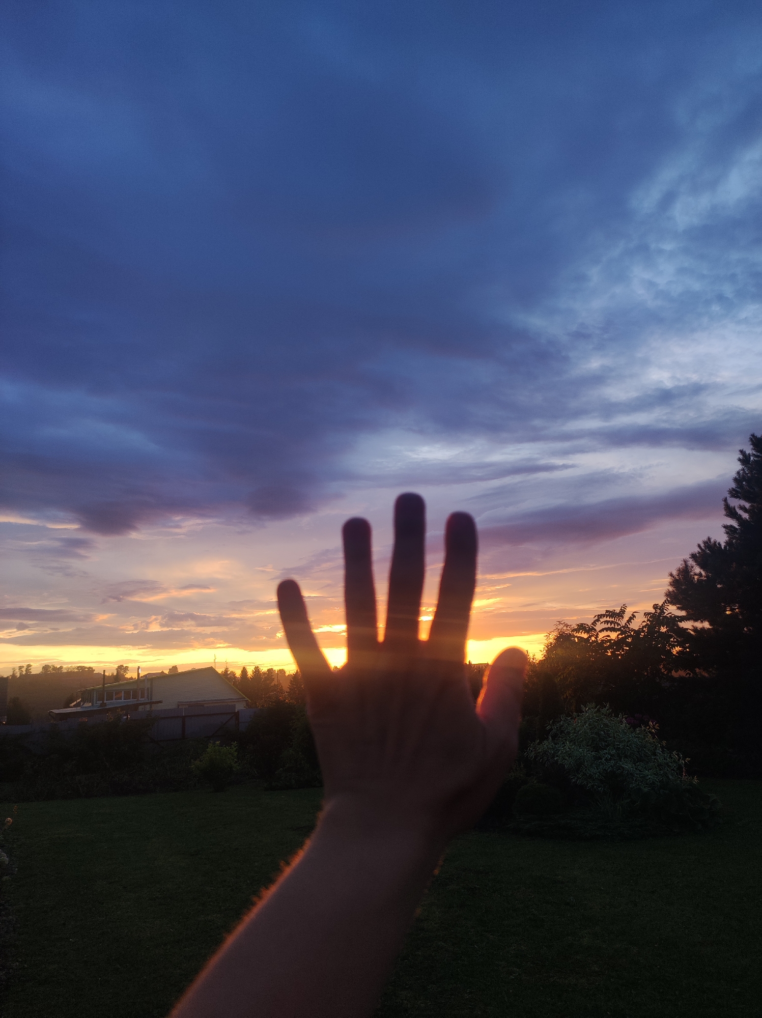 A hand is held up in the foreground, obscuring the setting sun. The sky is a dramatic blend of deep blues and purples, with streaks of orange and yellow where the sun is setting. Below the sky is a dark green lawn with a few trees and some houses in the distance. The image appears to be taken in the city of Fokino, Russia.