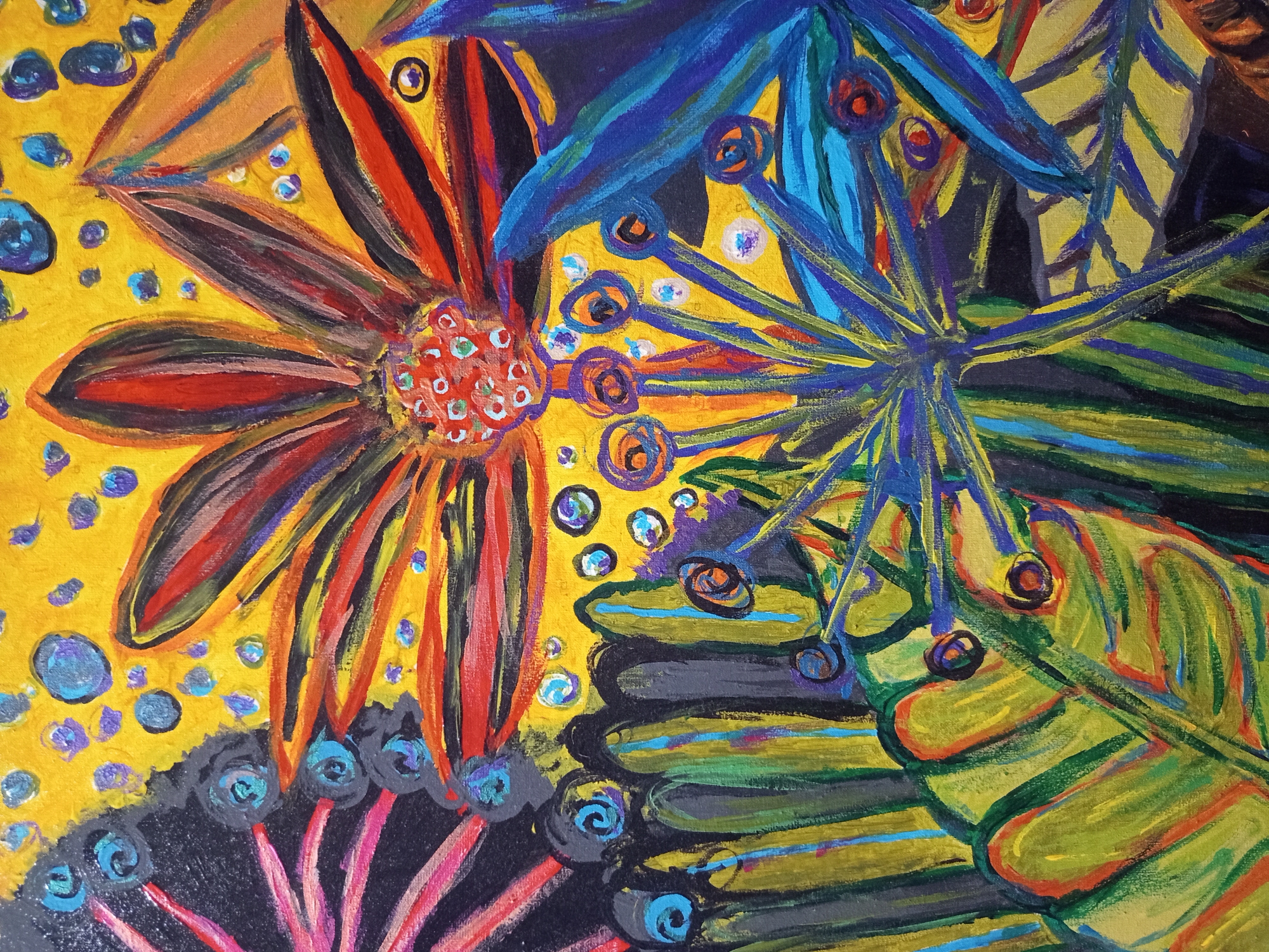 This is an abstract painting featuring vibrant, bold brushstrokes and colors. Dominant elements include large, stylized flowers with petals in shades of red, orange, yellow, and black. Several smaller, circular shapes in blue and purple are scattered across the yellow background, resembling bubbles or scattered light. In the foreground, there are stylized plant-like forms with elongated, spiky structures in blues and greens, as well as broad, green leaves with yellow and orange accents. The overall composition suggests a lively, perhaps tropical or fantastical botanical scene rendered in a highly expressive and non-representational style. The painting does not depict any specific identifiable location, therefore it cannot be associated with a location in the city of Чэрвеньскі сельскі Савет, Belarus.