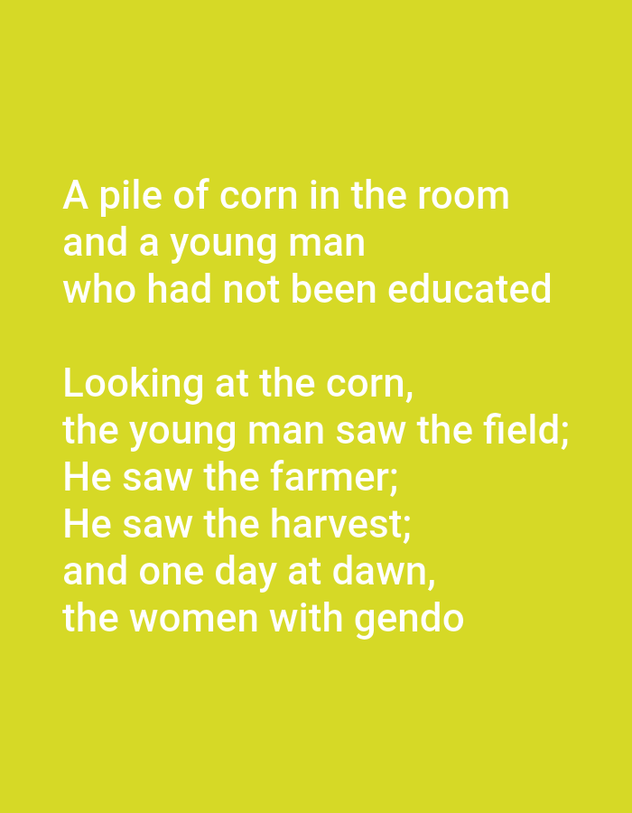 The image contains text displayed in white against a bright yellow background. The text is arranged in several lines, forming what appears to be a poem or narrative. The words are centered on the screen, and the font is sans-serif. There are no visual elements other than the text. The specific location in the city of Klepu, Indonesia is not ascertainable from the image content.