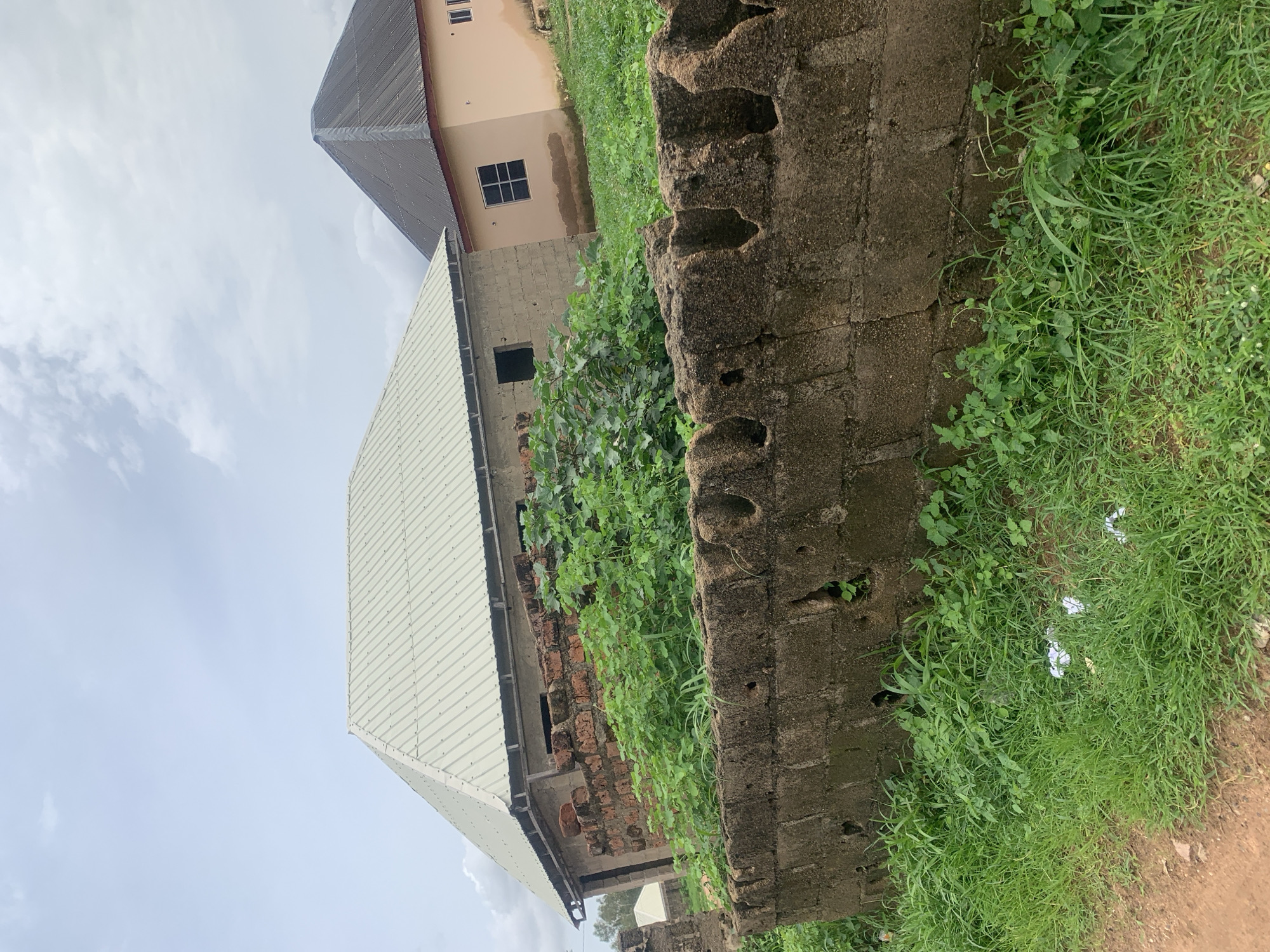 This is a medium-angle, eye-level, full shot of a residential area in Jalingo, Nigeria, under an overcast sky with scattered white clouds. In the foreground, a rough, textured concrete block wall with visible holes runs horizontally across the frame. Thick, green grass and weeds grow both in front of and behind this wall, with a dirt path visible to the left.
Behind the wall, a partially constructed building is visible, featuring a grey concrete facade and a light-colored metal corrugated roof. Adjacent to this, a completed house with a light tan facade and a dark grey, pyramidal corrugated roof is visible. This house has two windows with black frames, one in the foreground and another further back. Lush green foliage, including bushes and trees, grows around the structures, obscuring the lower portions of the buildings. The overall impression is one of a developing or rural residential area.