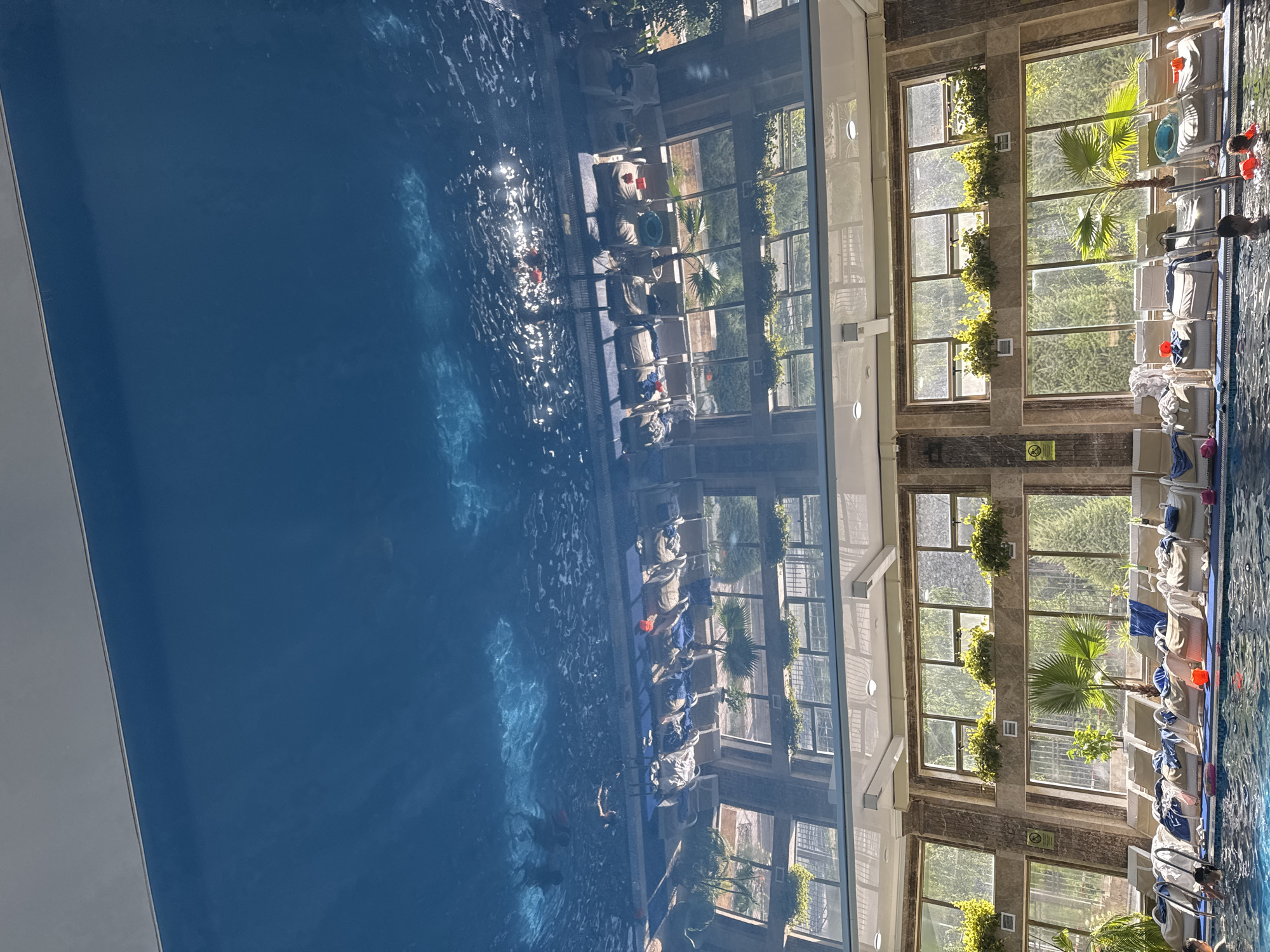 This is an indoor swimming pool with a reflective ceiling. The pool has lounge chairs surrounding it, with potted plants on shelves above the chairs. Large windows look out onto trees. There are several people in the pool, some of whom are wearing red flotation devices. The ceiling is a deep blue and reflects the pool, lounge chairs, and windows.