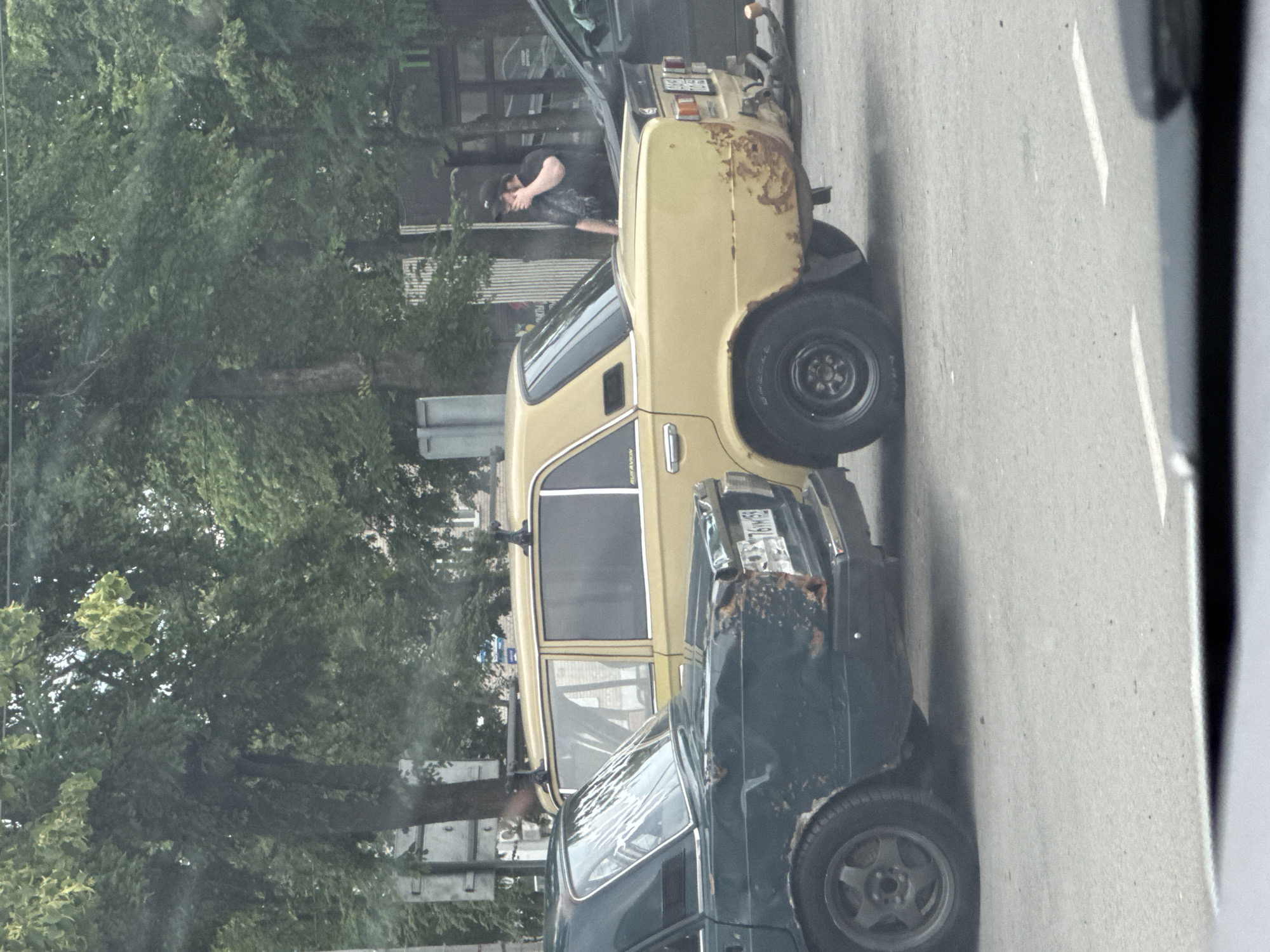 A dark-colored sedan is parked next to a yellow sedan in an urban environment. The dark sedan, seen from the rear passenger side, displays significant rust damage on its fender and trunk. It has a license plate that reads "761YM 69". The yellow sedan, viewed from the rear driver's side, appears to be in better condition but also shows some rust on its rear quarter panel. A man wearing a black baseball cap and a dark t-shirt is standing near the yellow sedan, obscuring his face with his hand. Trees line the background, and there are indications of buildings and street infrastructure. The scene is consistent with a street in Chaikovsky, Russia, given the visual context and typical car models found in the region.