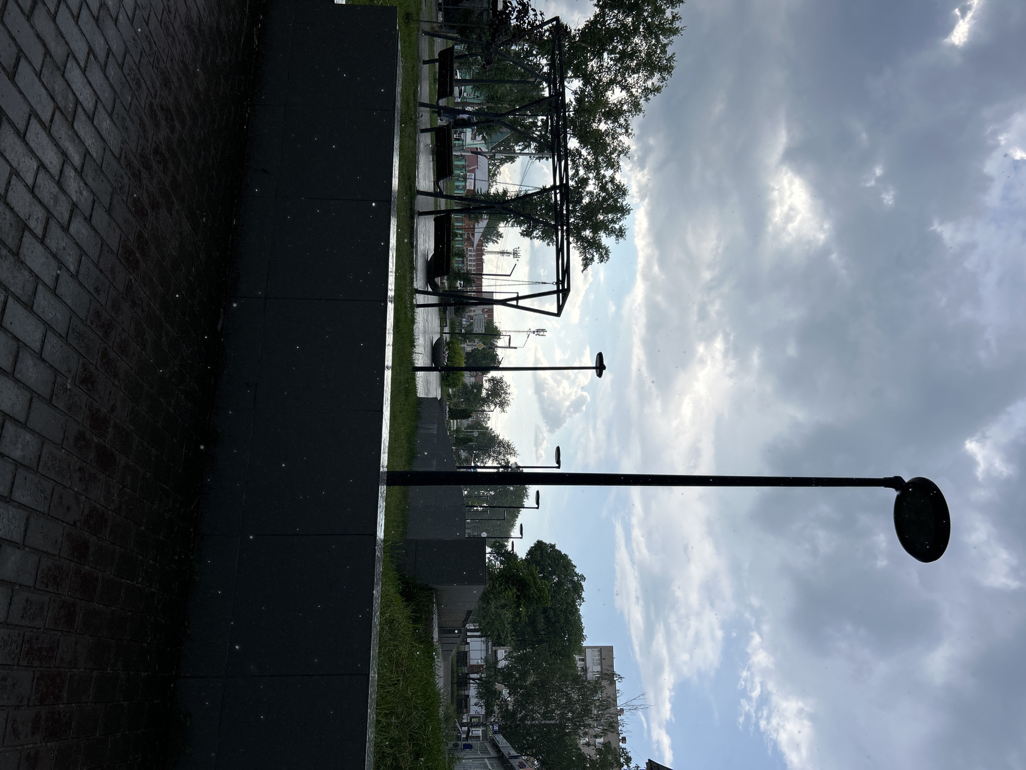 The image depicts a street scene in the city of Chaikovsky, Russia, under a cloudy sky. In the foreground, a dark gray paved walkway with a brick-like pattern is wet, indicating recent rain. A low, dark gray wall runs horizontally across the image, separating the walkway from a grassy area.
Beyond the wall, a playground area is visible with several metal swings. Trees with green foliage are scattered throughout the scene. A tall, dark lamppost with an oval-shaped head stands prominently on the right side of the image. In the background, buildings of varying heights and architectural styles can be seen, along with more trees and other lampposts. The overall atmosphere is somewhat somber due to the overcast conditions. There are no people clearly visible in the image, and no particular actions or interactions are taking place.