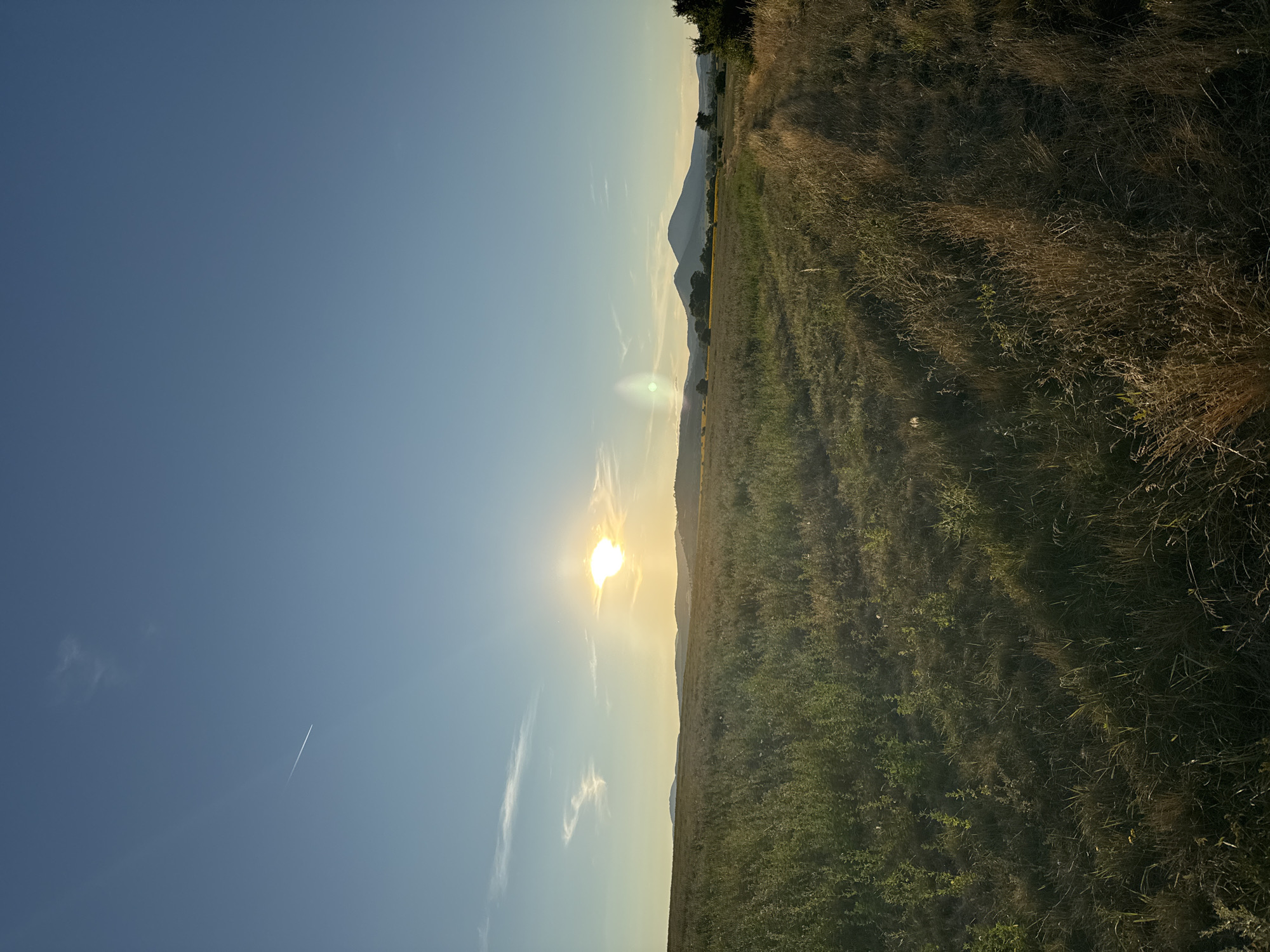 This is a landscape photograph taken at sunset in the vicinity of Noevtsi, Bulgaria. The image captures a vast, open field filled with tall, dry grass and some green vegetation. In the background, rolling hills and two distinct conical mountains are visible. The sun is setting in the sky, casting a warm glow and creating a lens flare. A contrail from an airplane is visible in the clear blue sky, along with some wispy clouds. The overall scene depicts a tranquil rural environment.