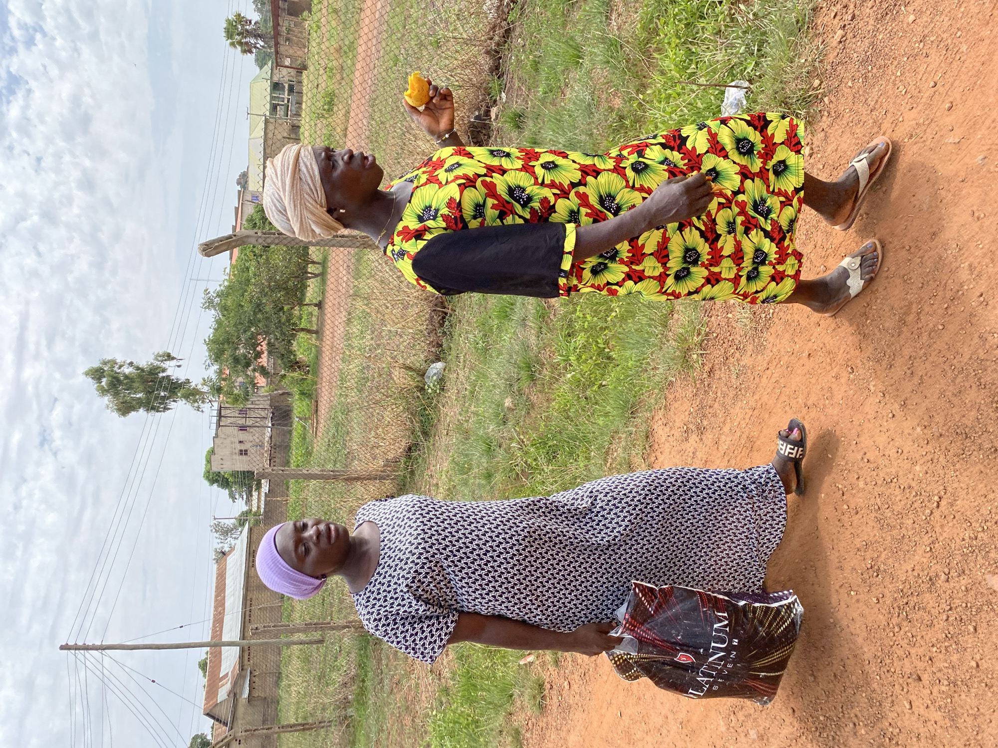 Two African women stand on a reddish-brown dirt path, likely in Bukuru, Nigeria. The woman at the top wears a bright yellow floral dress with black sleeves, a light-colored headwrap, and sandals. She holds a yellow fruit in her hand. The other woman, at the bottom, wears a black and white patterned dress, a purple headwrap, and black sandals. She carries a bag with the word "PLATINUM" printed on it. In the background, there is a chain-link fence, green grass, trees, utility poles, and houses. The sky is cloudy.