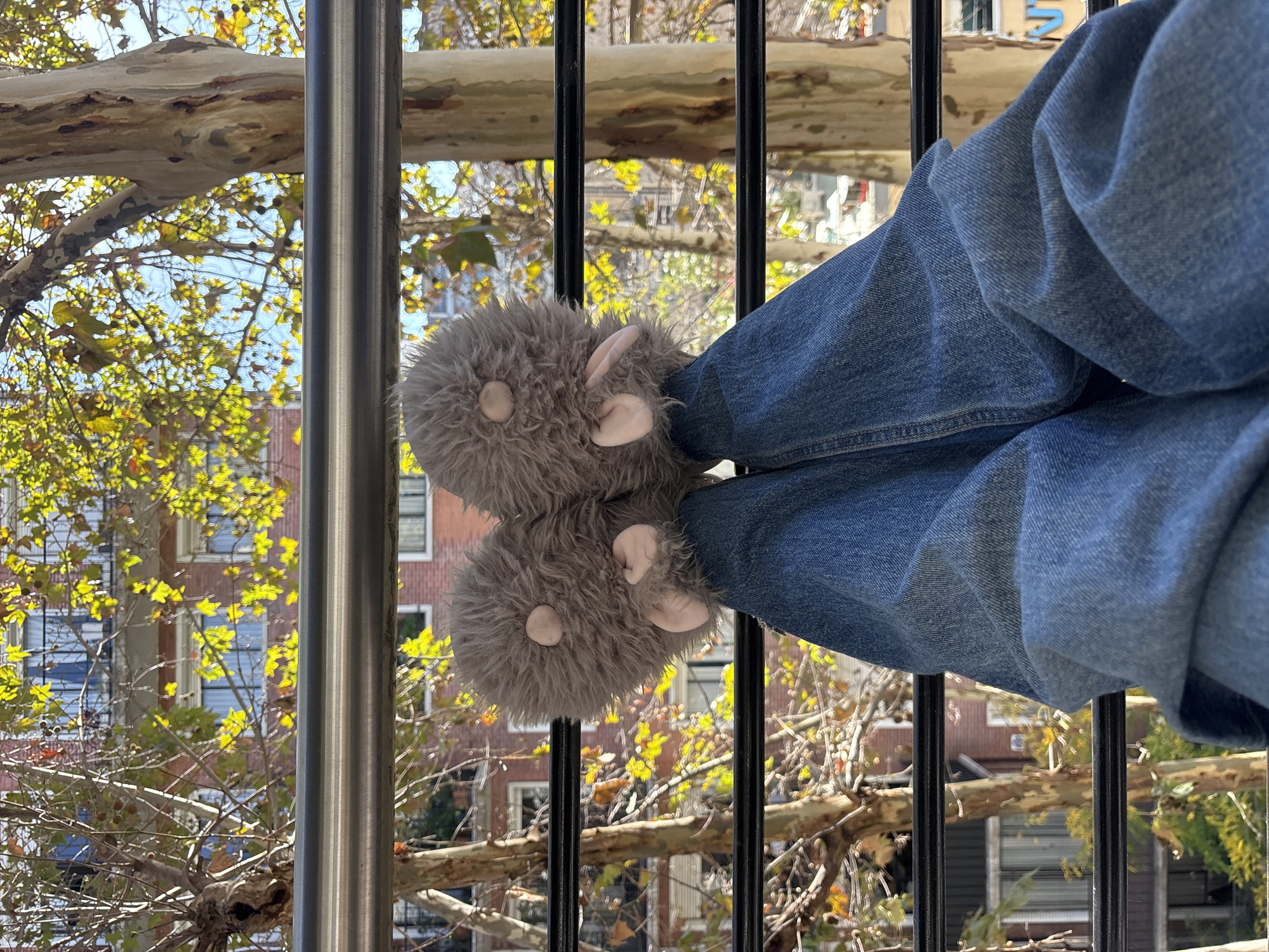 A pair of legs clad in blue jeans are seen from the knee down, wearing gray furry rabbit-shaped slippers. The legs are positioned on a balcony, with a railing of black metal bars and a silver metal post visible. Beyond the railing, a cityscape with apartment buildings and trees with yellow leaves is visible. Based on the urban architecture and the presence of London Plane trees, this image is likely taken in Buenos Aires, Argentina, a city known for its European-style buildings and diverse tree species. No other persons or actions are visible.