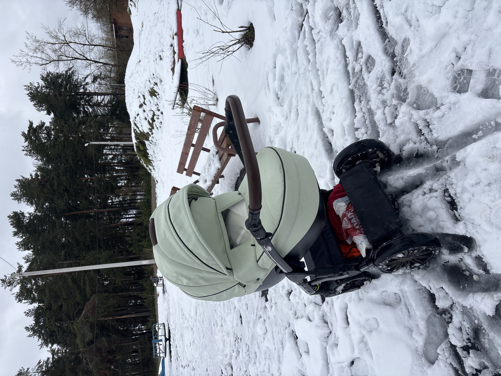 The image captures a serene winter outdoor scene in Раздолье, Russia, under an overcast sky. A light green baby stroller with a dark brown handle and a black frame is the central subject, positioned on snow-covered ground. Its large black wheels are partially obscured by the uneven snow, which bears various tracks. A red and white plastic bag, visible within the stroller's lower frame, displays the Russian word "ПАПА" (Dad).
In the mid-ground, a wooden park bench, also dusted with snow, is situated. The background is dominated by a dense growth of tall evergreen trees, interspersed with some bare deciduous trees, suggesting a forest or park setting. A power pole with lines stretches across the mid-ground, extending towards the tree line. Further in the distance, parts of a snow-covered slope and a faint red object are visible. The overall scene conveys a cold, quiet winter day, with no people present, and the stroller appears to be static on the snowy path.
