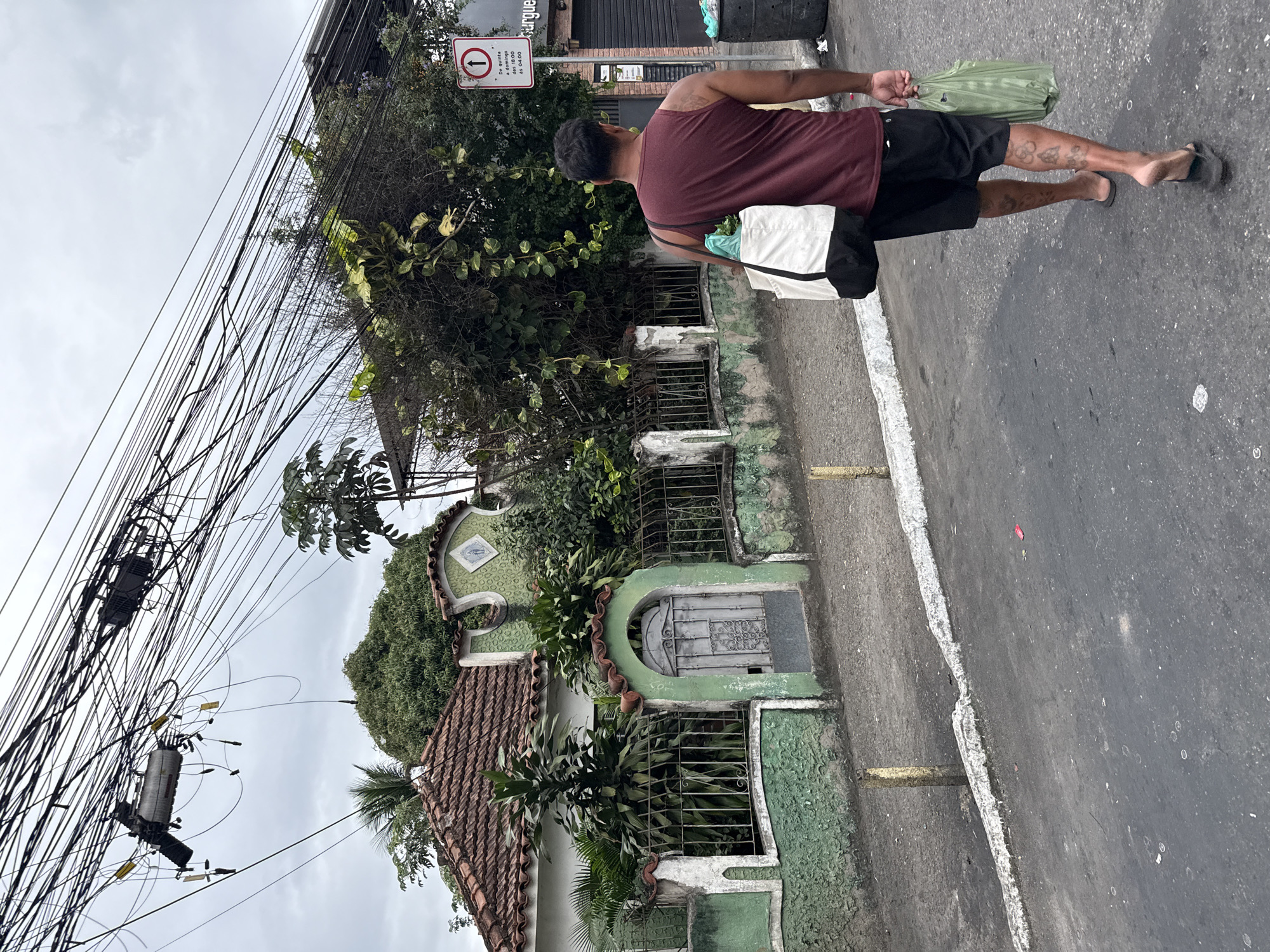 The image shows a man walking away from the camera on a street in Nilópolis, Brazil. He is wearing a maroon tank top and black shorts, and carrying two shopping bags. The street is paved with asphalt and has a sidewalk on the left. On the left side of the street, there is a green house with a tiled roof and a fence. Overhead, there are numerous electrical wires. On the right side of the street, there is a trash can and a sign with an upward arrow indicating a one-way street. The sky is overcast.