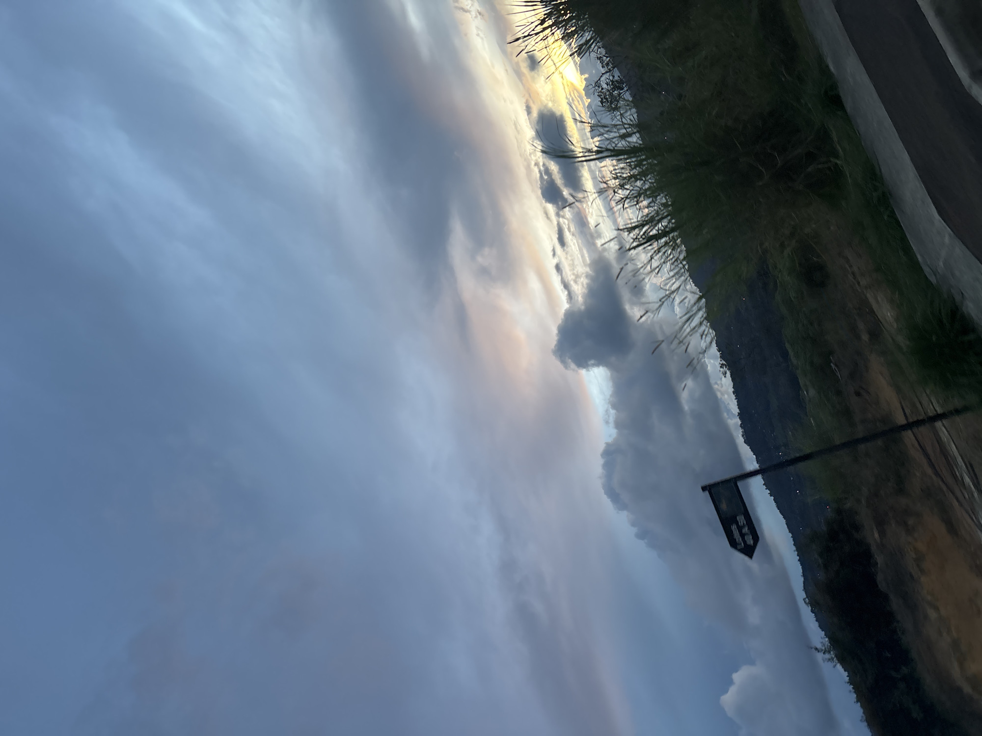 The image depicts a landscape scene, likely near Guarne, Colombia. The sky is filled with dramatic, layered clouds, ranging in color from light blue to dark gray, with some areas tinted with hints of orange and yellow, suggesting either sunrise or sunset. The ground features vegetation, including tall grasses and foliage, and a small sign on a pole is visible. A mountain or hill is visible in the background.
