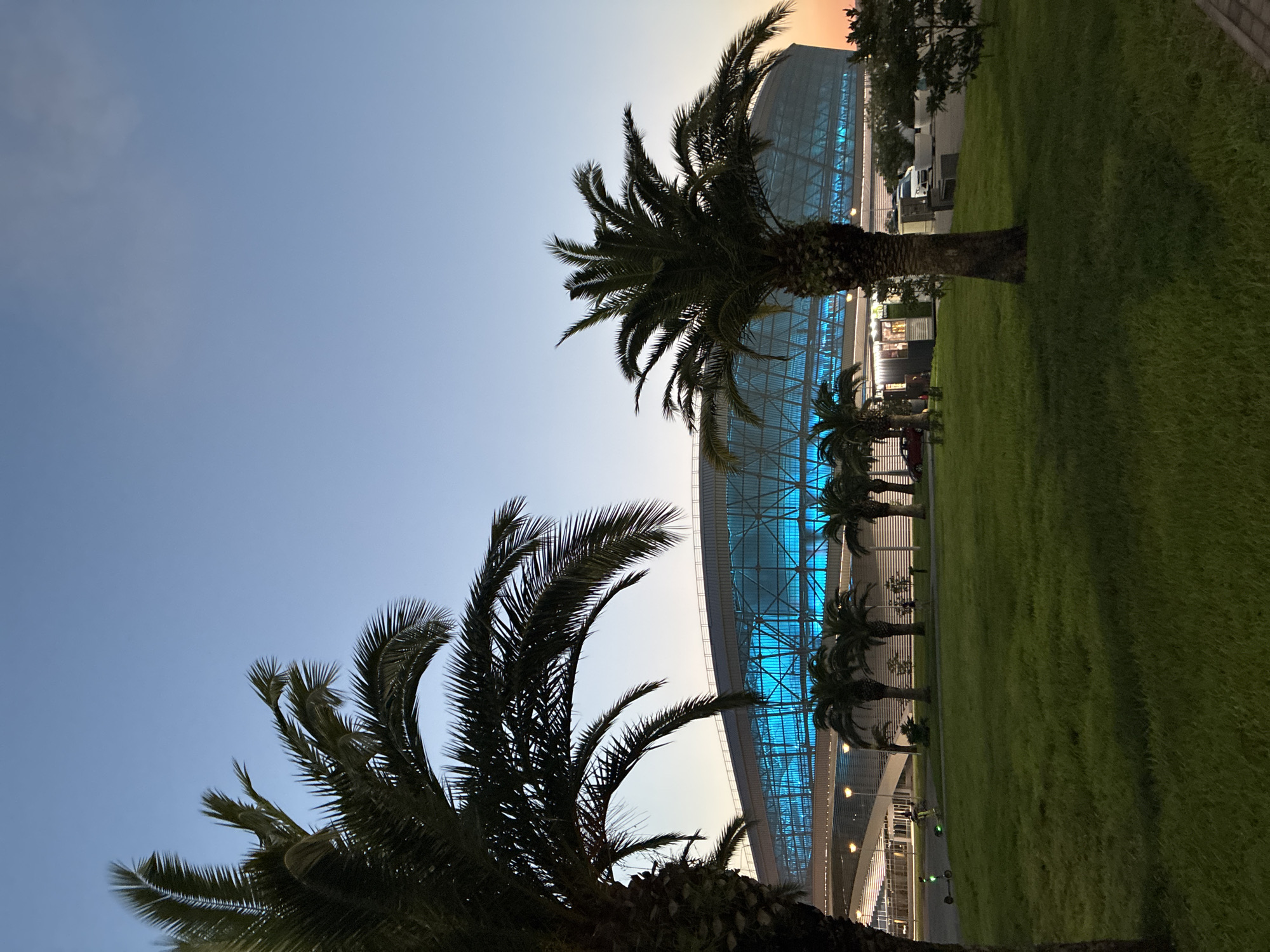The image depicts the Fisht Olympic Stadium in Sochi, Russia, during twilight. The stadium's distinctive architecture is illuminated with vibrant blue lights, creating a striking contrast against the clear sky. In the foreground, several palm trees are silhouetted against the building, with their fronds extending towards the sky. A well-maintained green lawn stretches out in front of the stadium, and a paved walkway is visible to the right. Two individuals are seen riding electric scooters on the lawn. Several cars are parked in the background. The overall scene conveys a sense of modern infrastructure within a tropical or subtropical setting, characteristic of Sochi.