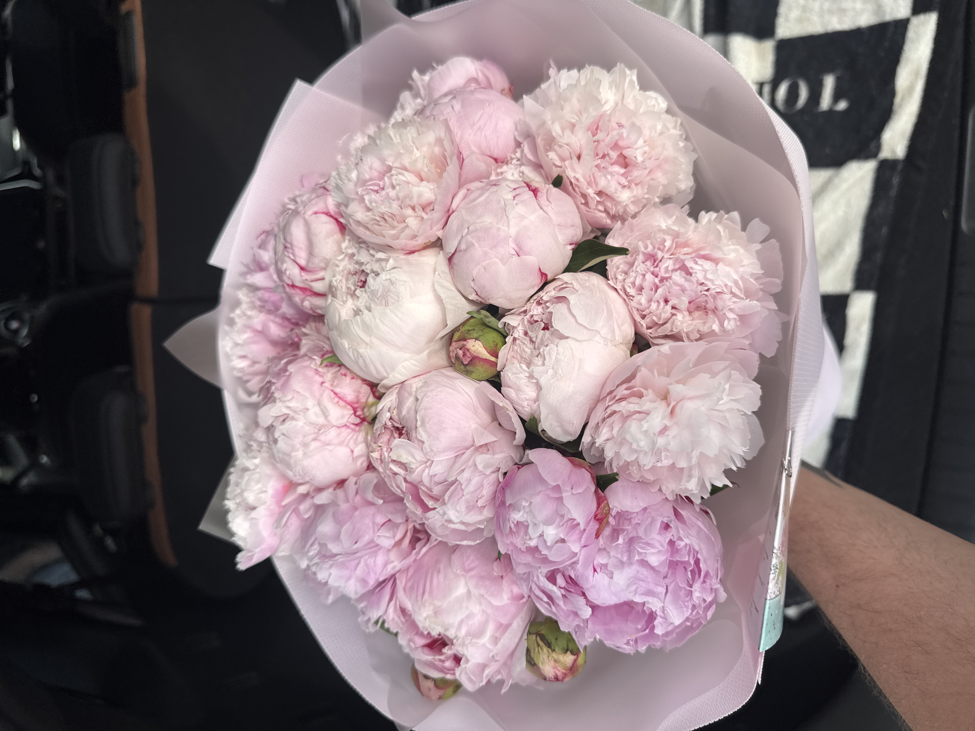 A bouquet of pink and white peonies is held by a person's arm, the hand of which is partially visible. The bouquet is wrapped in light pink and white paper and is positioned in what appears to be the back of a vehicle, with dark interior elements visible in the background. A black and white checkered pattern is visible beneath the bouquet. The image does not contain any identifiable landmarks or features that would suggest a specific location within Almaty, Kazakhstan.