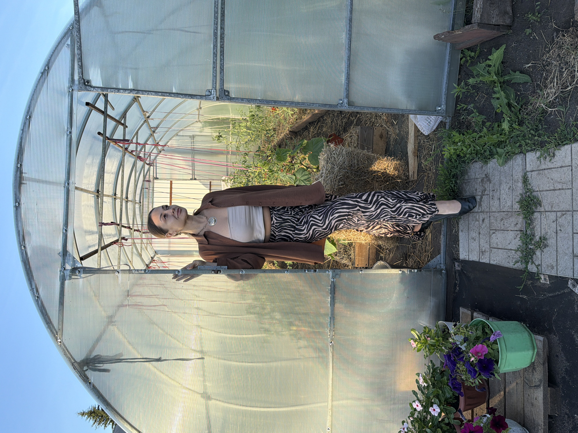 A woman stands in the open doorway of a greenhouse. She is looking to her right, out of the frame, and her right hand rests on the edge of the greenhouse frame. She is wearing a brown open shirt over a beige tube top and black and white zebra-patterned pants. She has on black shoes. Inside the greenhouse, rows of plants, possibly tomatoes, are growing. Straw bales are visible on the ground. Outside the greenhouse, to the left of the entrance, are several potted flowers. The greenhouse is constructed of a metal frame covered in corrugated plastic sheeting. The ground in front of the greenhouse is paved with light-colored rectangular stones. The background shows a clear blue sky and a hint of a tree. The overall scene appears to be a domestic garden setting. This location is in Kansk, Russia.