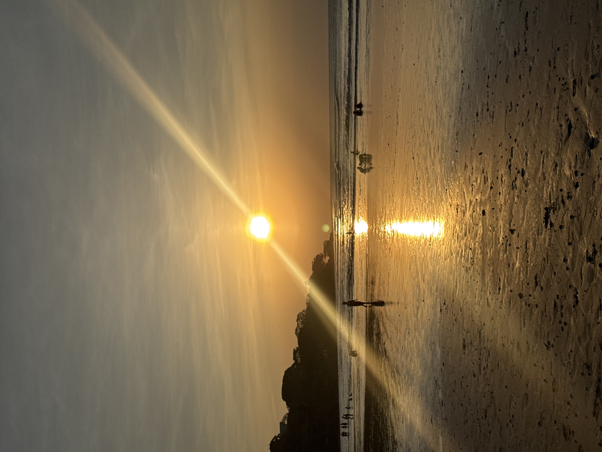 The image depicts a sunset scene at a beach in Kuta Selatan, Indonesia. The sun, a bright orb, is positioned in the upper center of the frame, casting a warm golden light across the sky and water. A prominent sunbeam extends diagonally from the sun towards the lower left corner of the image. The sky is a gradient of soft oranges and yellows, with some faint clouds visible.
The beach itself is wet and reflective, with the water from the receding tide creating a mirror-like surface that captures the sunset's glow. Scattered footprints are visible on the wet sand. The ocean has gentle waves rolling towards the shore.
In the middle ground, several small groups of people are present. On the left, a cluster of figures stands in or near the water, some appearing to be children playing. Further to the right, a single person stands facing the water, silhouetted against the bright sand and sea. In the distance, near the shoreline, a couple of small figures are seated on the sand, and a couple of dogs are also visible, seemingly interacting with the people.
The background features a dark, tree-covered headland or hill on the left side of the frame. Some structures, likely buildings, are faintly visible on the top of this landmass. The overall atmosphere is tranquil and serene, characteristic of a beach sunset.