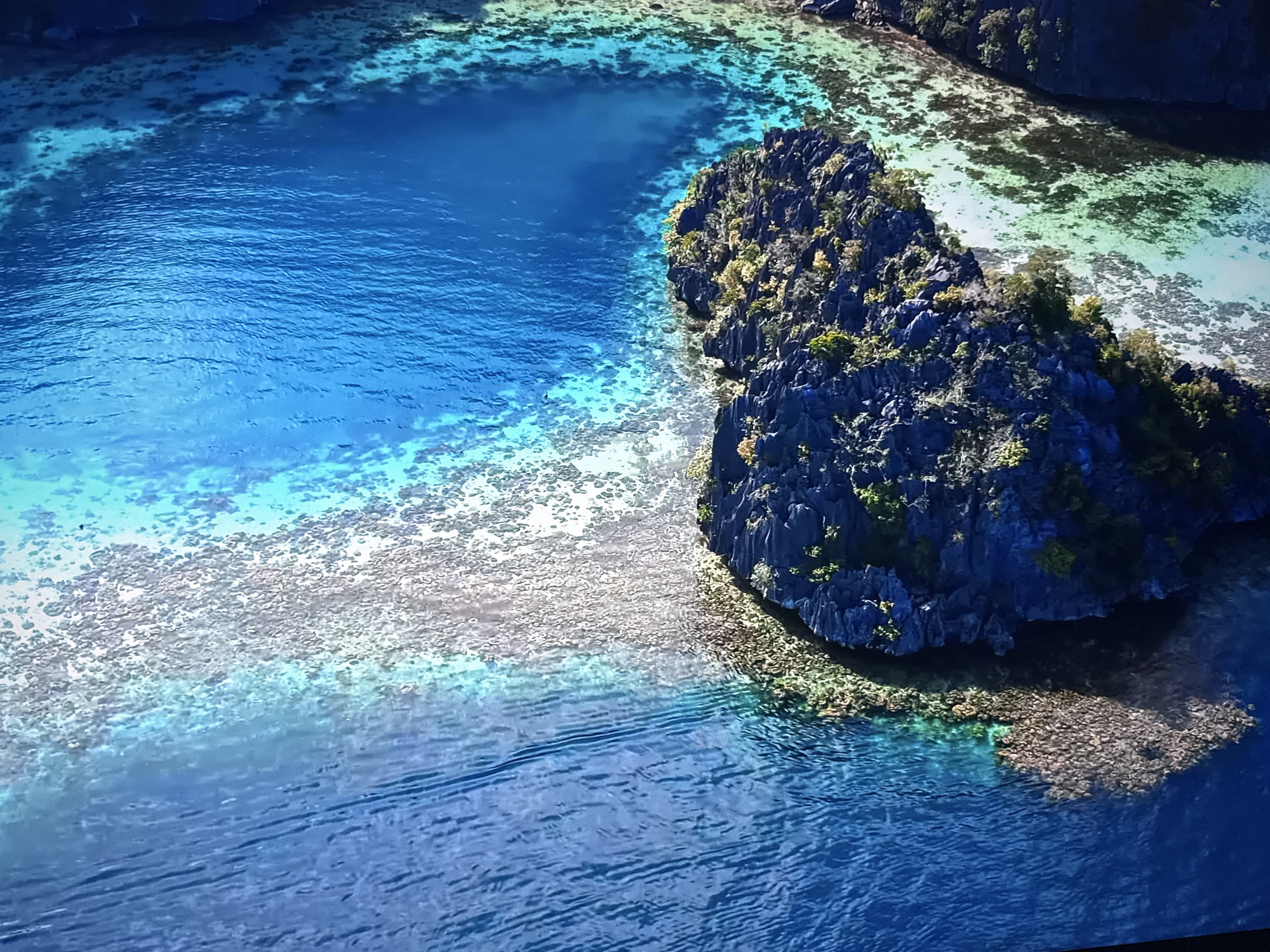The image is an aerial view of a tropical island with clear blue water. The island is covered in dark, jagged rocks and sparse green vegetation. The water surrounding the island is shallow and reveals a coral reef with patches of sand and algae. The colors are vibrant, with deep blues of the ocean contrasting with the lighter blues and greens of the shallow water and the dark tones of the island. There are no people or any man-made objects visible in the image. The scene depicts a natural, serene landscape. The location is not the city of Burgas, Bulgaria.
