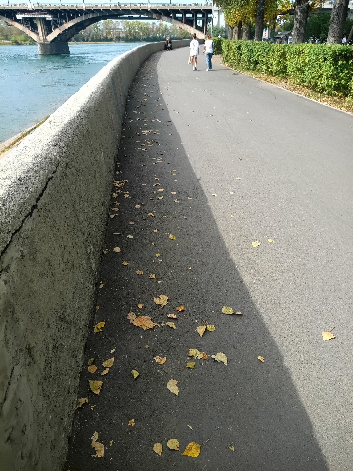The image depicts a paved walkway alongside a river, with a large bridge visible in the background. Fallen leaves are scattered across the walkway, indicating an autumn season. Two women, dressed in casual attire, are walking away from the camera on the walkway. The walkway is bordered by a concrete embankment on one side and a dense green hedge on the other. The river is a vivid blue-green, and trees with yellowing leaves line the far bank. The scene suggests a public park or recreational area within a city. The bridge has a distinctive arch design. The overall impression is one of a pleasant, possibly late afternoon, walk by the water.