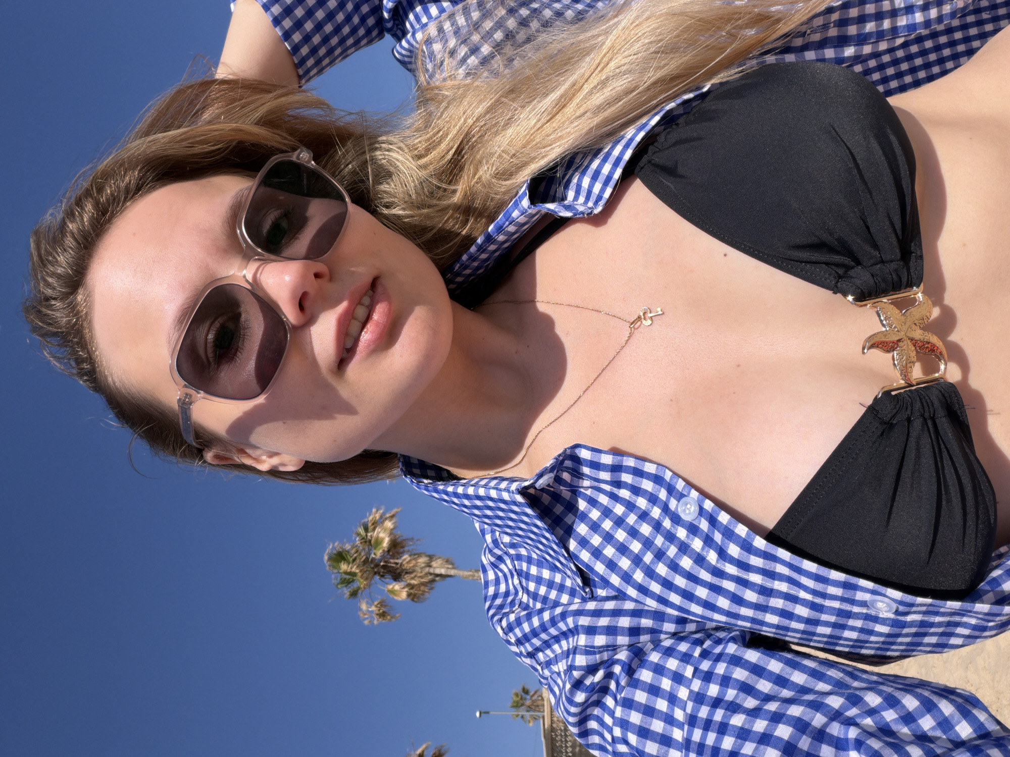 A woman in a black bikini top and blue and white checkered shirt is reclining outdoors. She is wearing sunglasses and a necklace. In the background, there is a clear blue sky and several palm trees, suggesting a beach location. Given the reference to Tel-Aviv, Israel, it is likely that the photo was taken at one of the city's beaches.