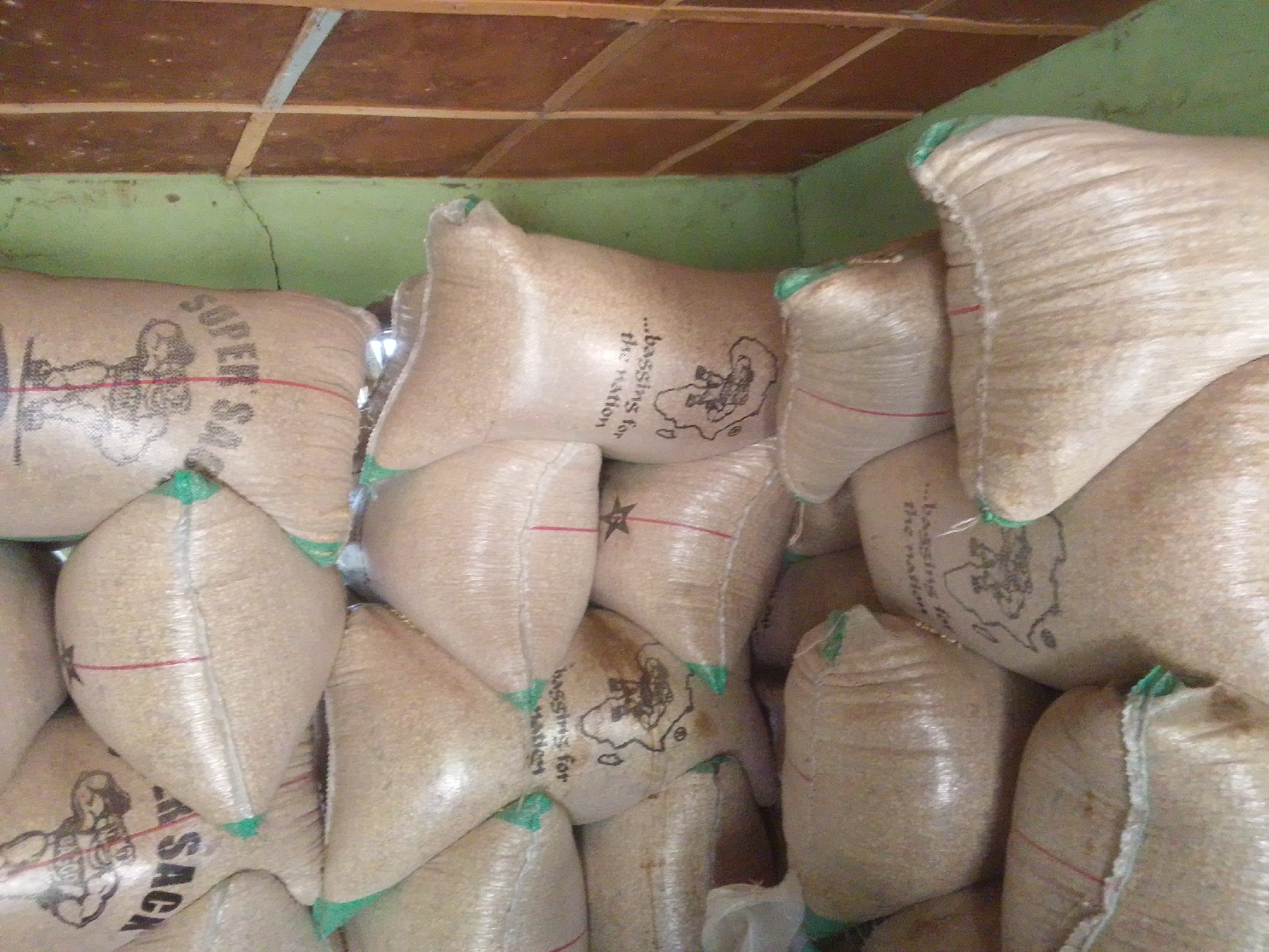 The image shows a storage area filled with large sacks of grain. The sacks are made of a light-colored material and are stacked high, suggesting a significant quantity of stored goods. Some of the sacks have markings and text printed on them. One sack clearly displays the words "SUPER SACA" along with a logo of a person. Another sack has text that reads "...Bussing for the Nation" accompanied by a similar logo. The sacks are bound with red and green string. The setting appears to be a warehouse or storage room, indicated by the wooden ceiling with exposed beams and the green painted walls. There are no people visible in the image, and the lighting suggests it could be daytime, though no specific time can be determined. The overall impression is one of agricultural produce storage, likely in Jalingo, Nigeria, given the location context. The sacks appear to be in good condition, indicating proper storage.