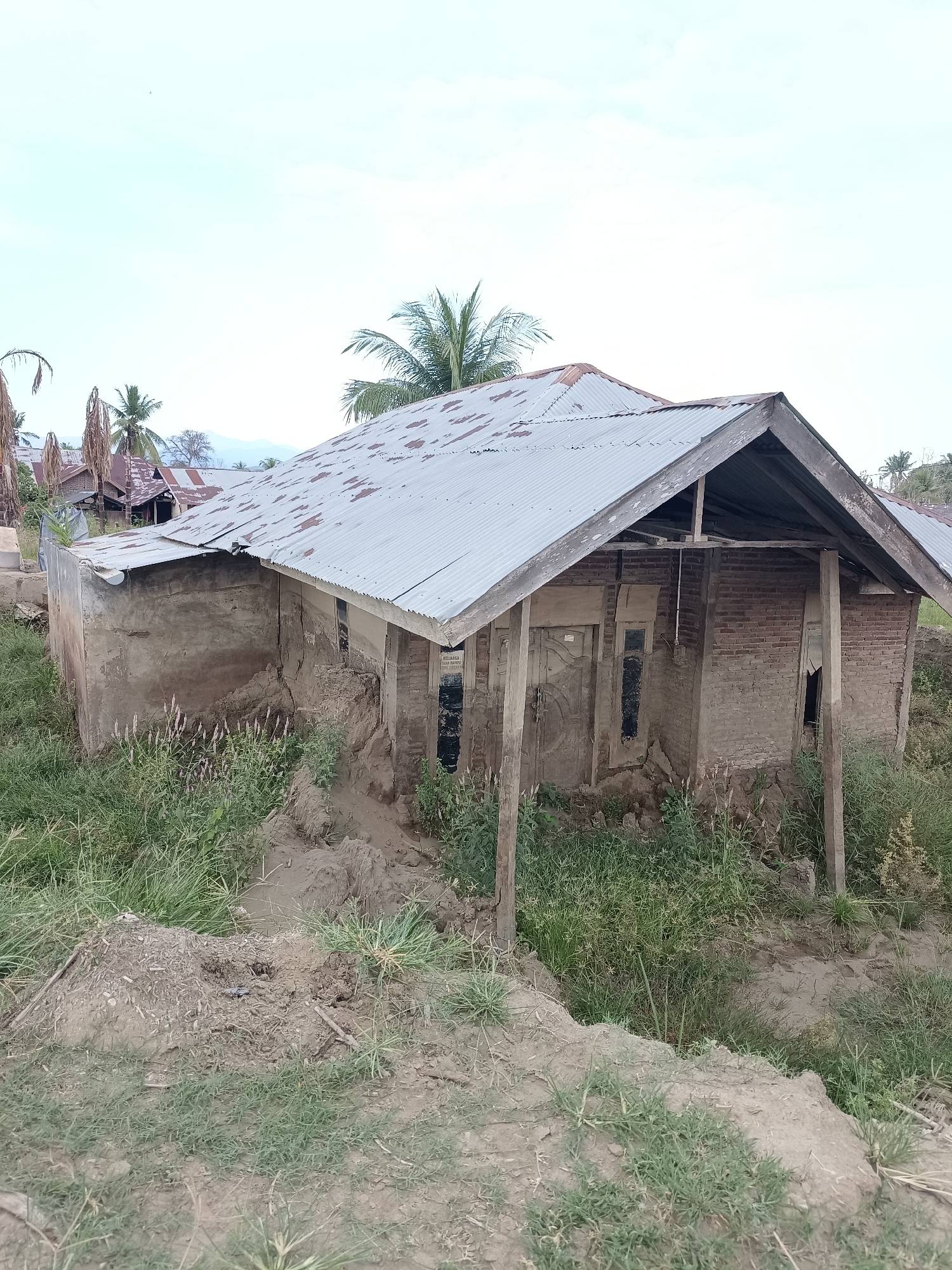 A low-angle, eye-level shot captures the exterior of a partially collapsed, single-story brick house in Meunasah Raya, Indonesia. The structure appears weathered and damaged, with visible cracks in its concrete and brick walls. The corrugated metal roof is rusted and partially dislodged, exposing wooden beams. Vegetation, including tall grass and some shrubs, encroaches on the house, growing around its foundation and covering parts of the surrounding muddy terrain. The sky above is overcast and pale. In the background, other houses and palm trees are visible, suggesting a rural or semi-rural setting. The scene appears to be one of disrepair or post-disaster aftermath.