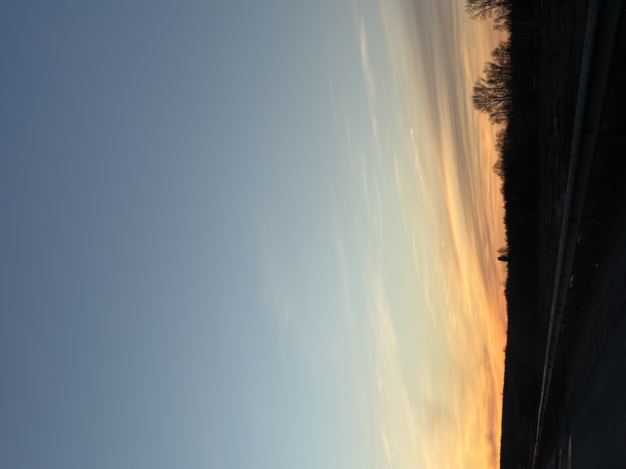The image shows a sunset over a roadside. A large expanse of blue sky transitions into a vibrant orange and yellow horizon. A dark line of trees runs along the horizon, and a roadside barrier is visible in the lower right corner. The location in the city of Niva, Russia, is not discernible from the image. No people, subjects, objects, actions, or interactions are identifiable other than the basic elements of the landscape.