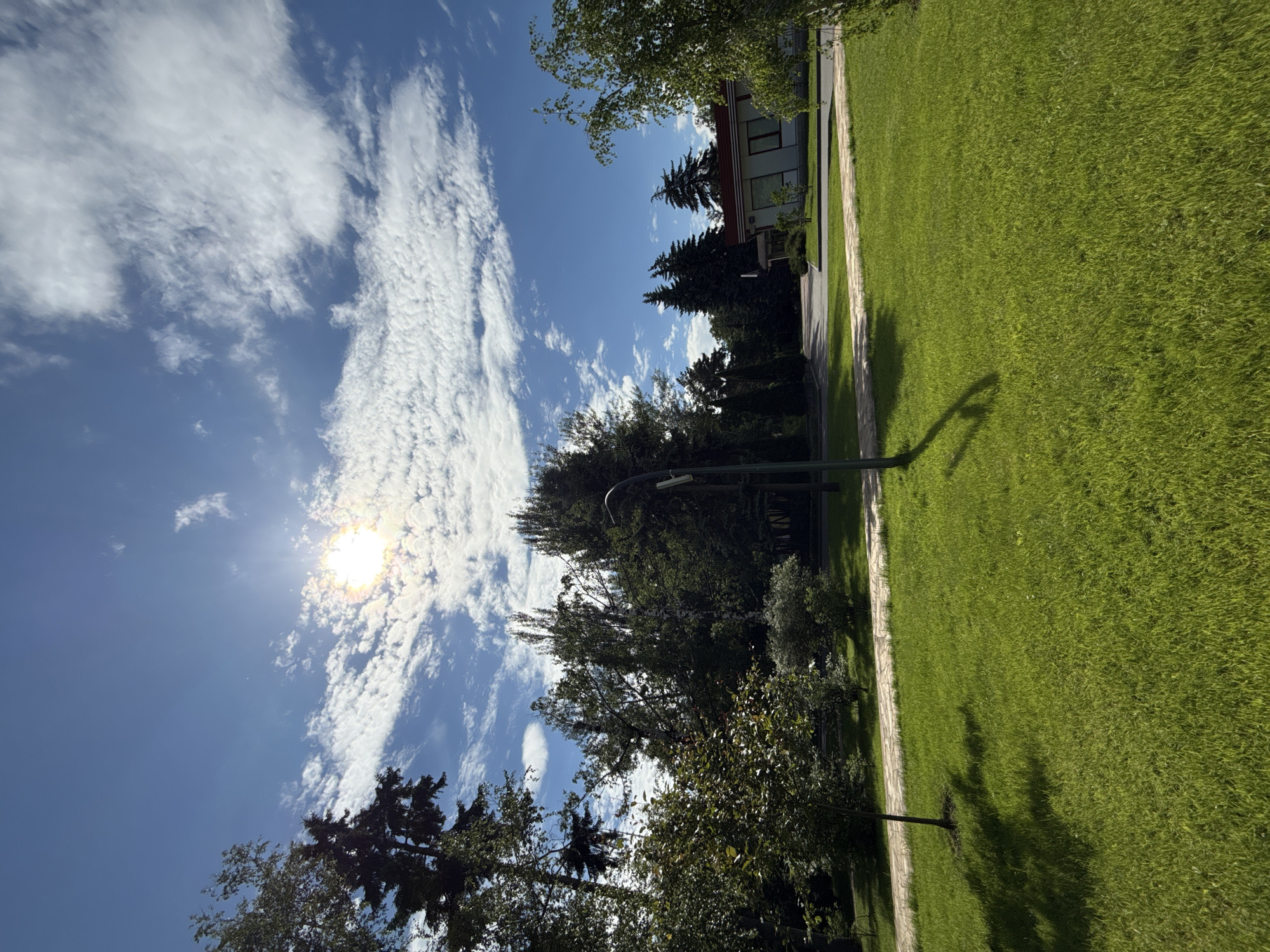 This is a landscape photograph taken on a sunny day with a partly cloudy sky. The image depicts a park or a well-maintained lawn area adjacent to a building. The sun is visible and shining brightly, casting shadows. The scene is dominated by lush green grass and trees. In the background, a building with a red roof and white walls is partially visible, surrounded by evergreen trees. A paved path runs alongside the grass. There are no people or animals visible in the image. The lighting suggests it is daytime, likely late morning or early afternoon. The weather appears to be fair and warm. The presence of trees and a building suggests an outdoor public or private space, possibly a residential area or a park. There is no visible text in the image.