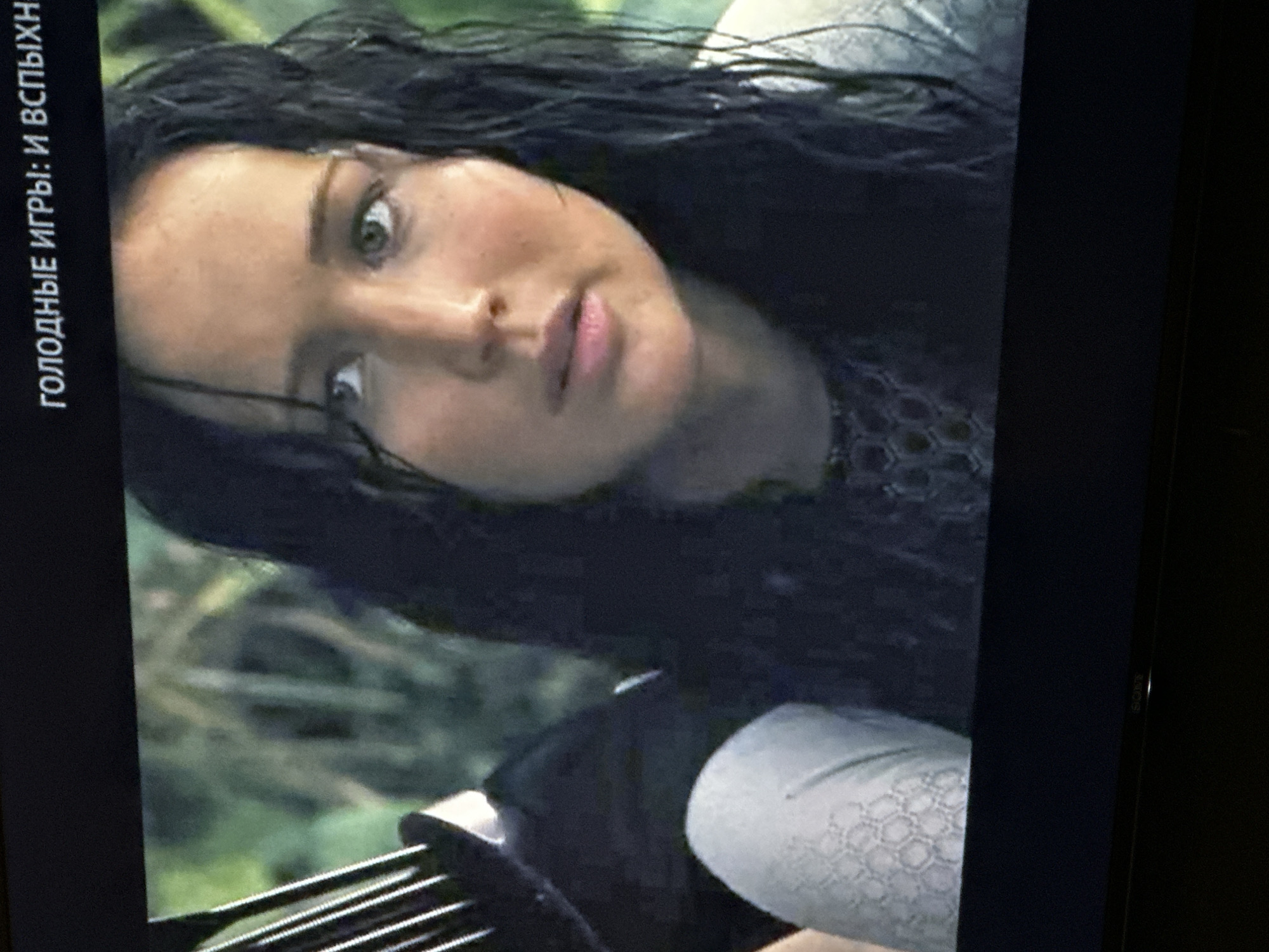 The image shows a close-up of actress Jennifer Lawrence as Katniss Everdeen from the film "The Hunger Games: Catching Fire." She has dark hair, fair skin, and is looking to the left. She is wearing a dark garment over a honeycomb-patterned undergarment. She appears to be holding a bow. The background shows a green, wooded area. The image is a screen capture from the film. There is no indication the location is Yerevan, Armenia.