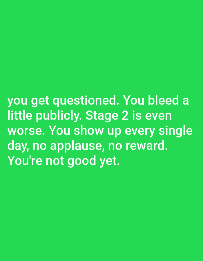 The image contains white text on a bright green background. The text reads: "you get questioned. You bleed a little publicly. Stage 2 is even worse. You show up every single day, no applause, no reward. You're not good yet." There are no people, subjects, objects, actions, interactions, or environmental details from Bojongharja, Indonesia present in this image.