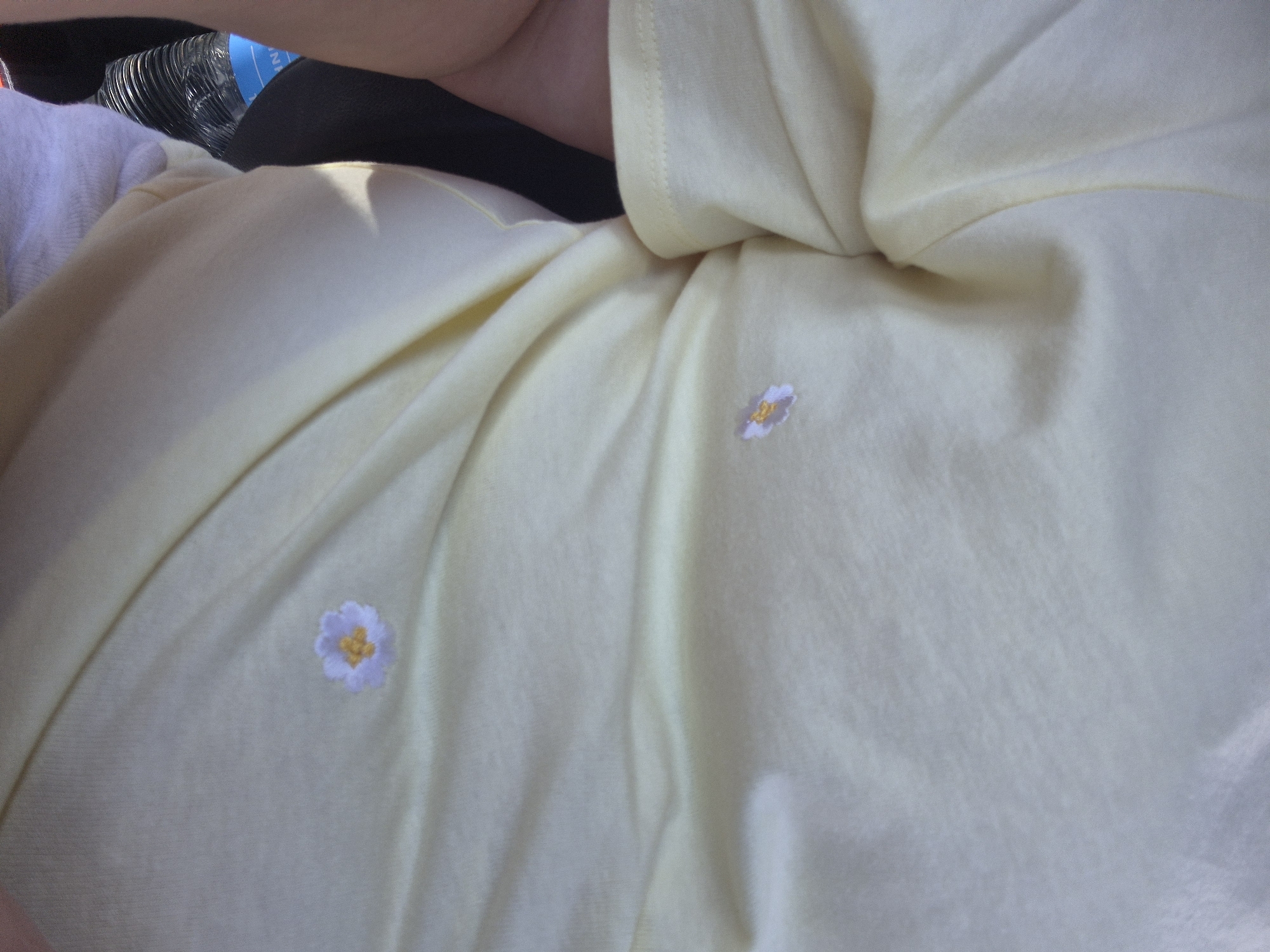 A close-up image shows the pale yellow fabric of a t-shirt. The t-shirt has two embroidered white daisies with yellow centers. The daisies are small and located on the chest area of the shirt. The fabric is creased and appears soft. A person's arm is visible on the left side of the image. Partially visible behind the t-shirt is a blue-labeled water bottle. The context provided about the city of Dagda, Latvia is not discernible from the image itself.